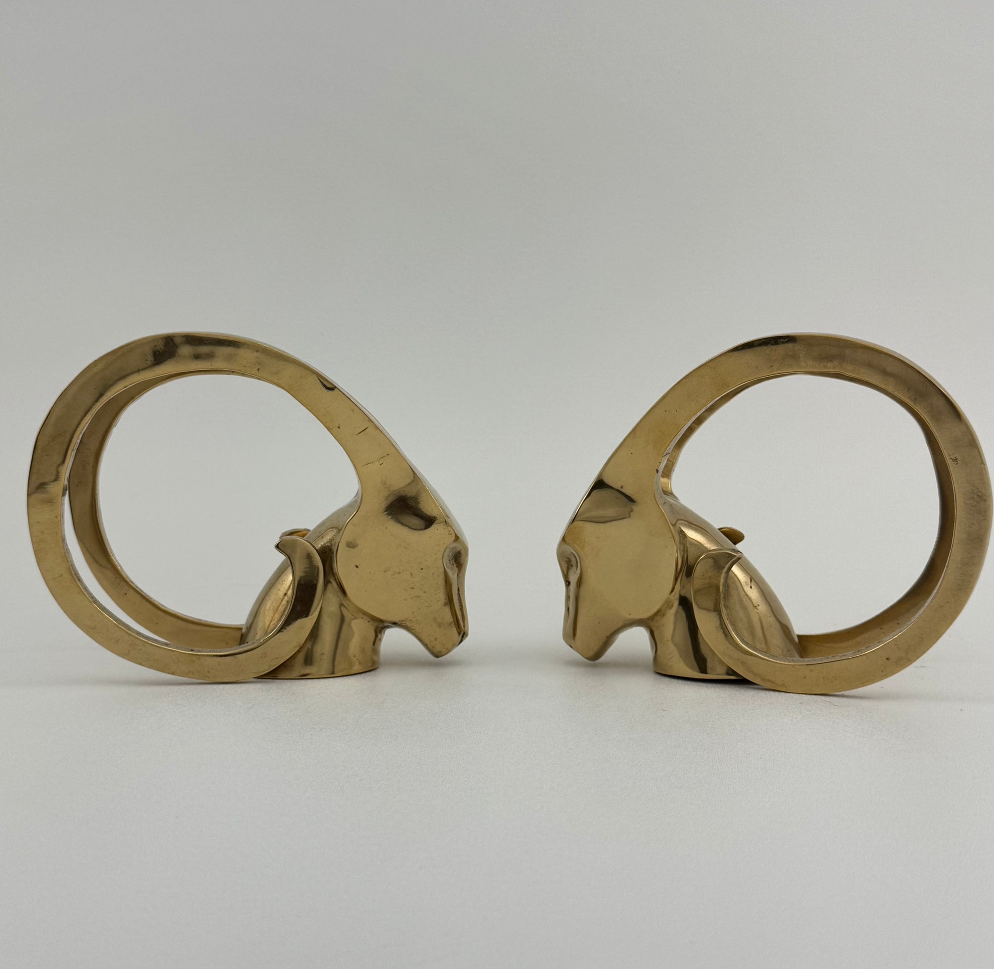 Vintage Brass Rams with Curled Horns-A Pair