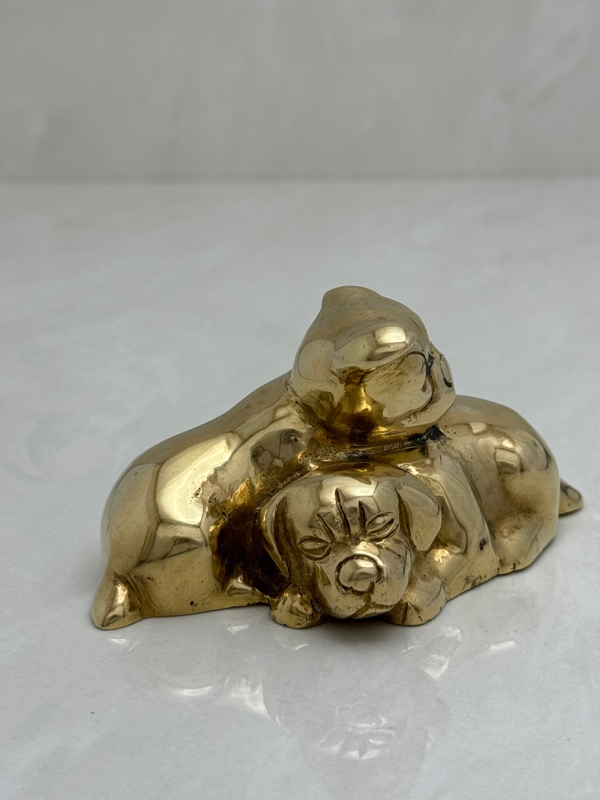 Cute Small Vintage Brass Sleeping Bulldog Puppies-A Collectible