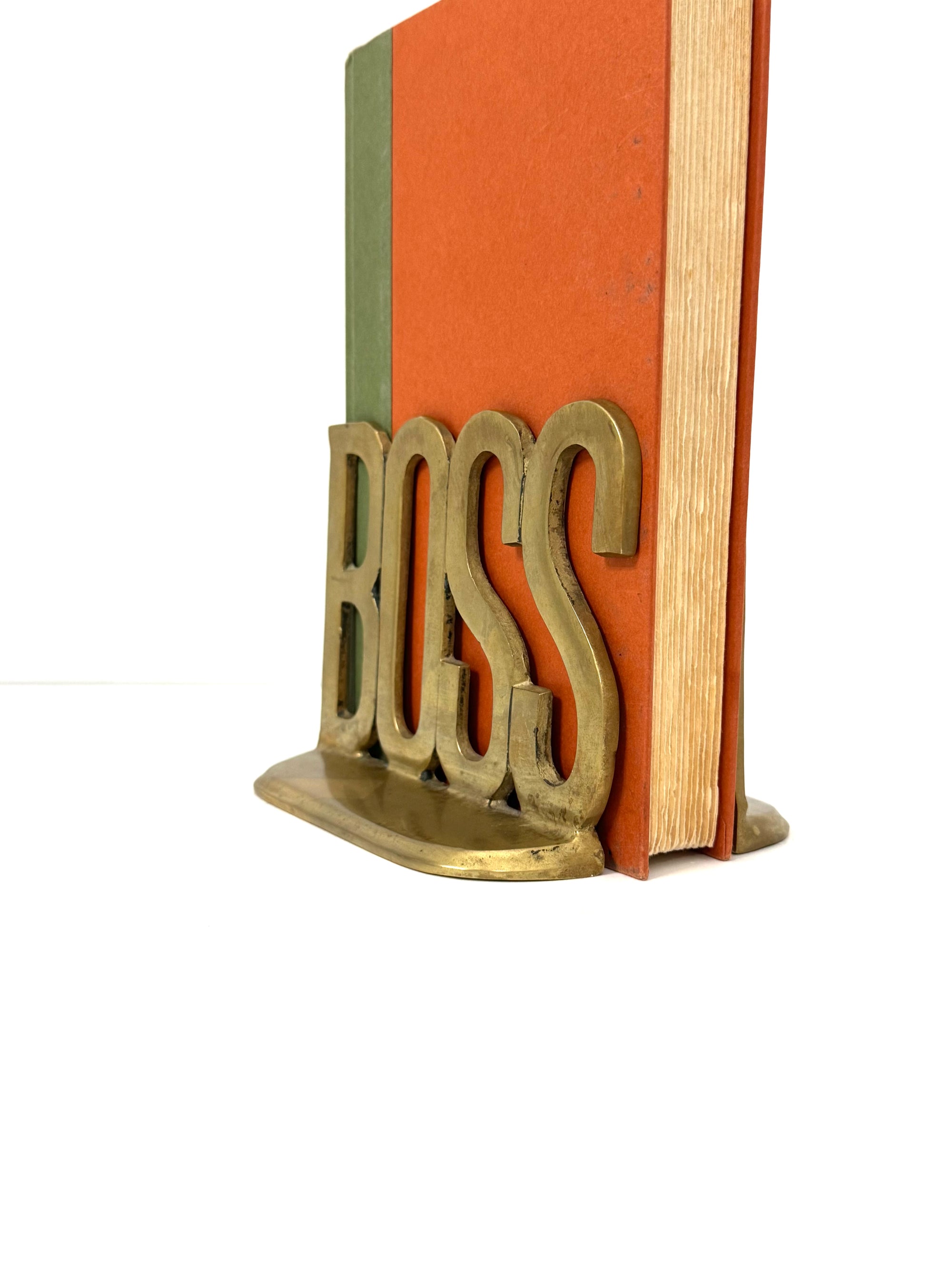Vintage Brass “BOSS” Bookends | Mid-Century Modern Office Decor