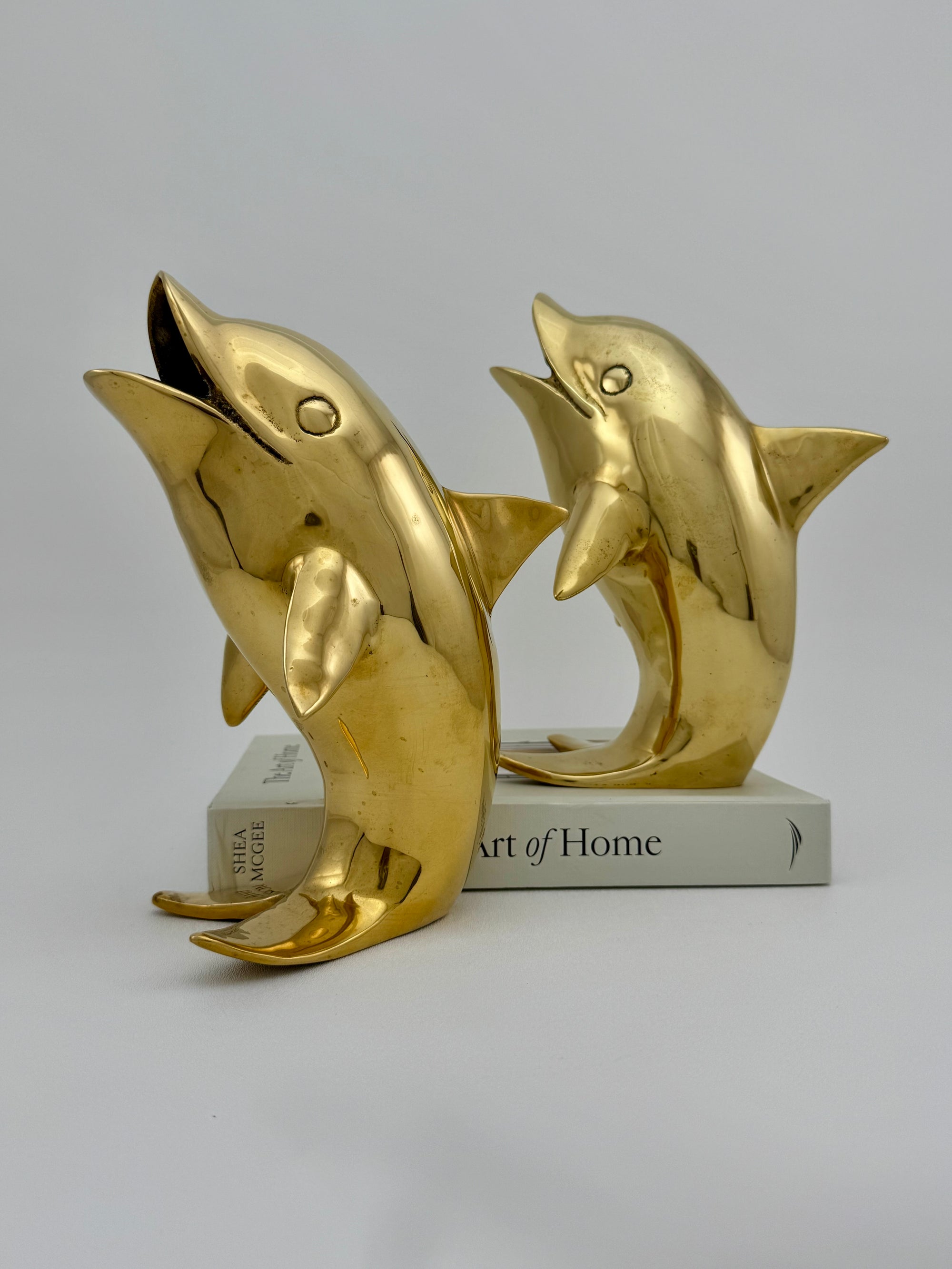 Vintage Solid Brass Dolphins – 10” Coastal Wishing Vessels/Coin Banks-A Pair