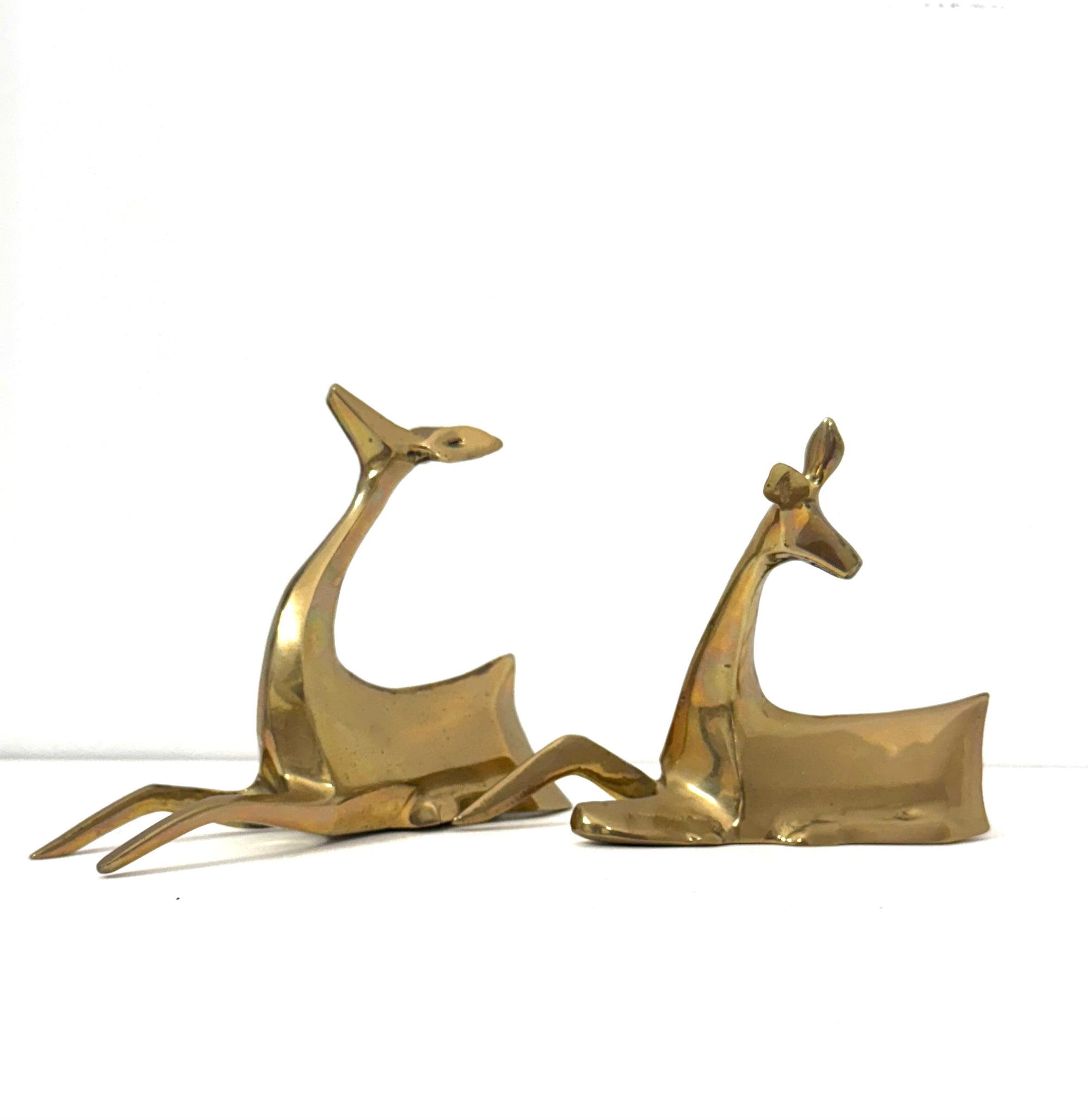 1984 Enesco Brass Deer Sculptures — Abstract Mid-Century Modern Pair, Made in Korea