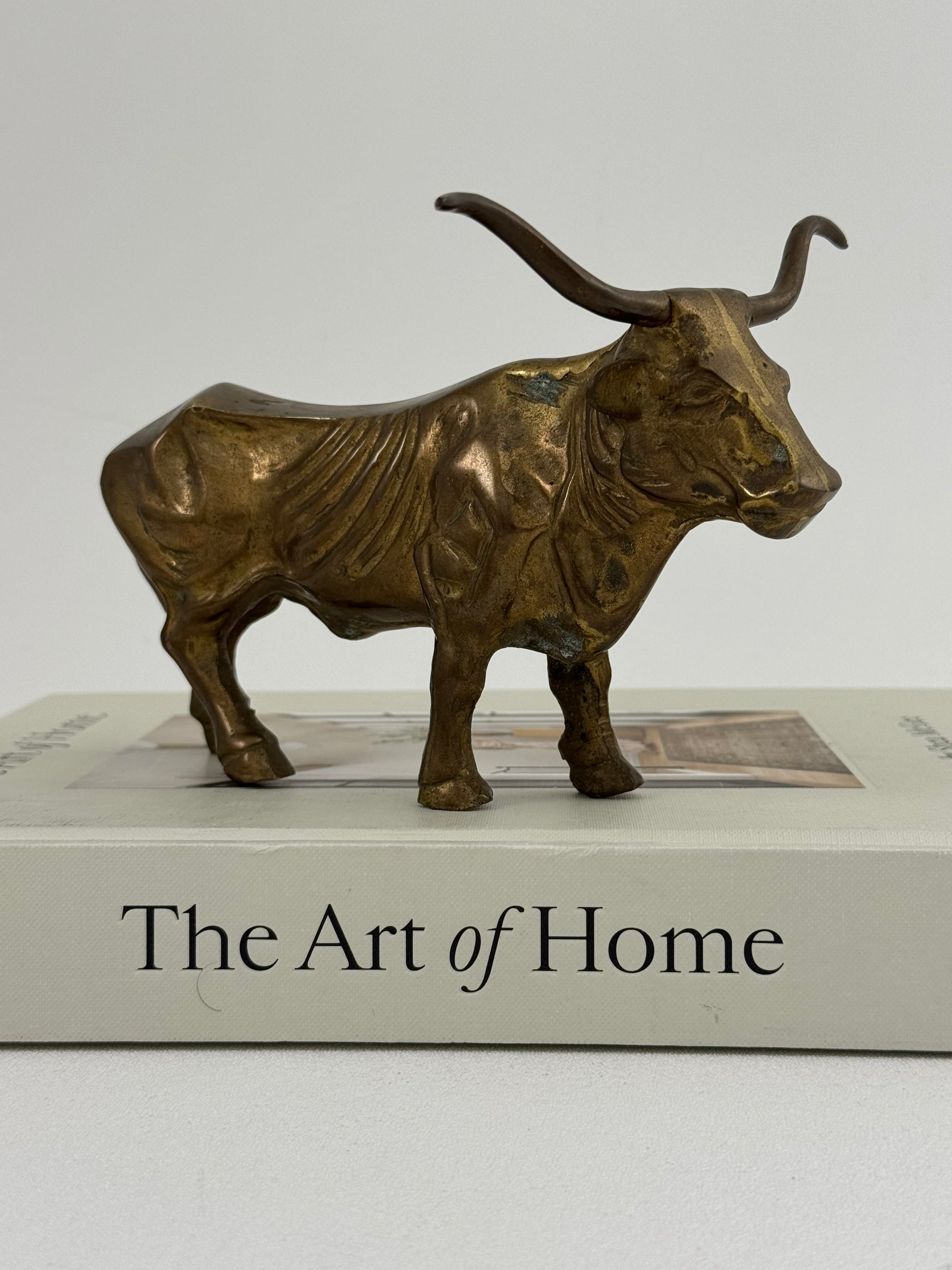 Vintage Brass Longhorn Bull Sculpture – 7.5” Long, 5.75” Horn Span, 4.75” Tall – Western-Southwestern-Texas Ranch Décor