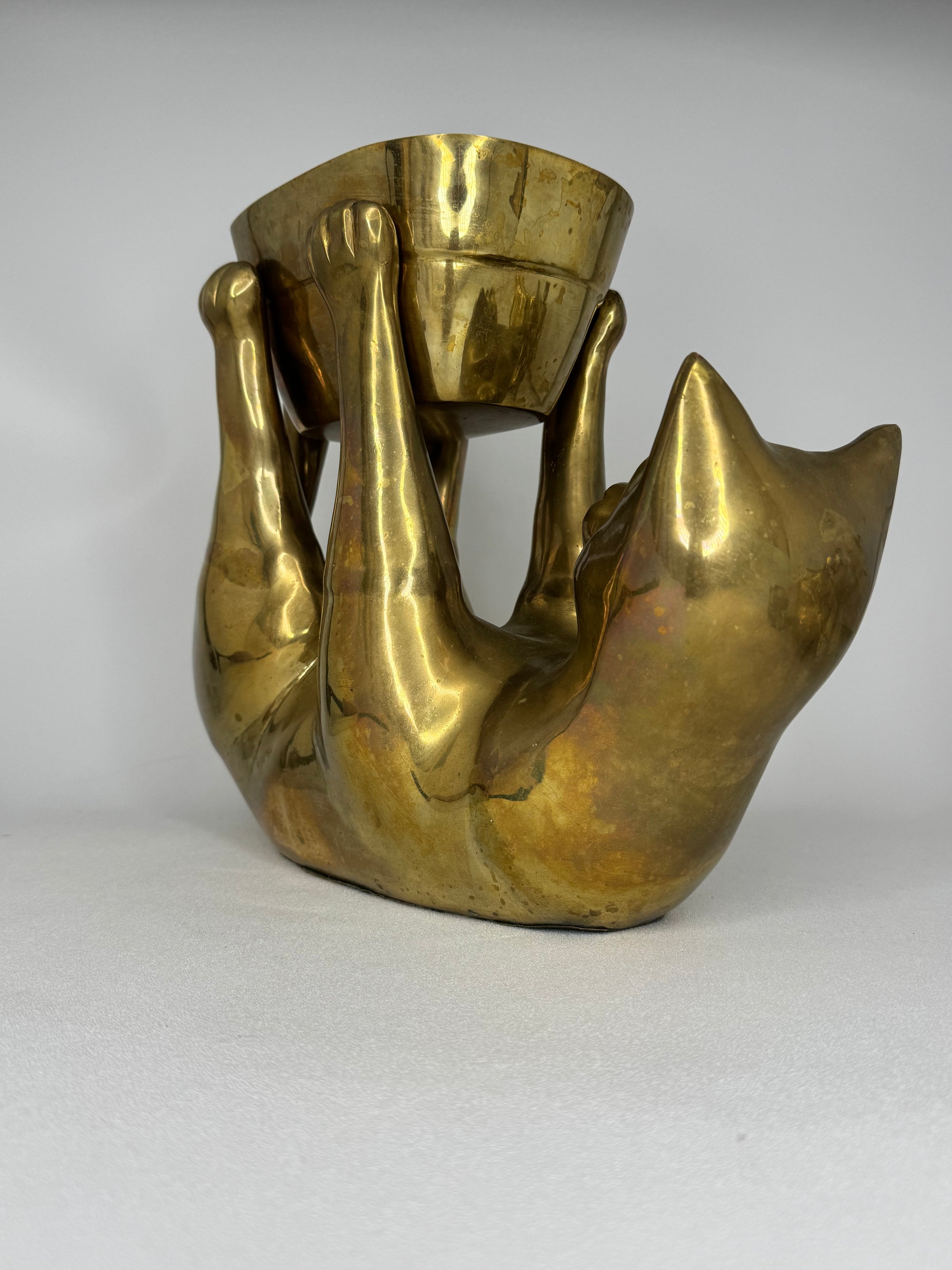 Rare Large Vintage Brass Cat Planter –Statement Cat Holding Bowl Centerpiece