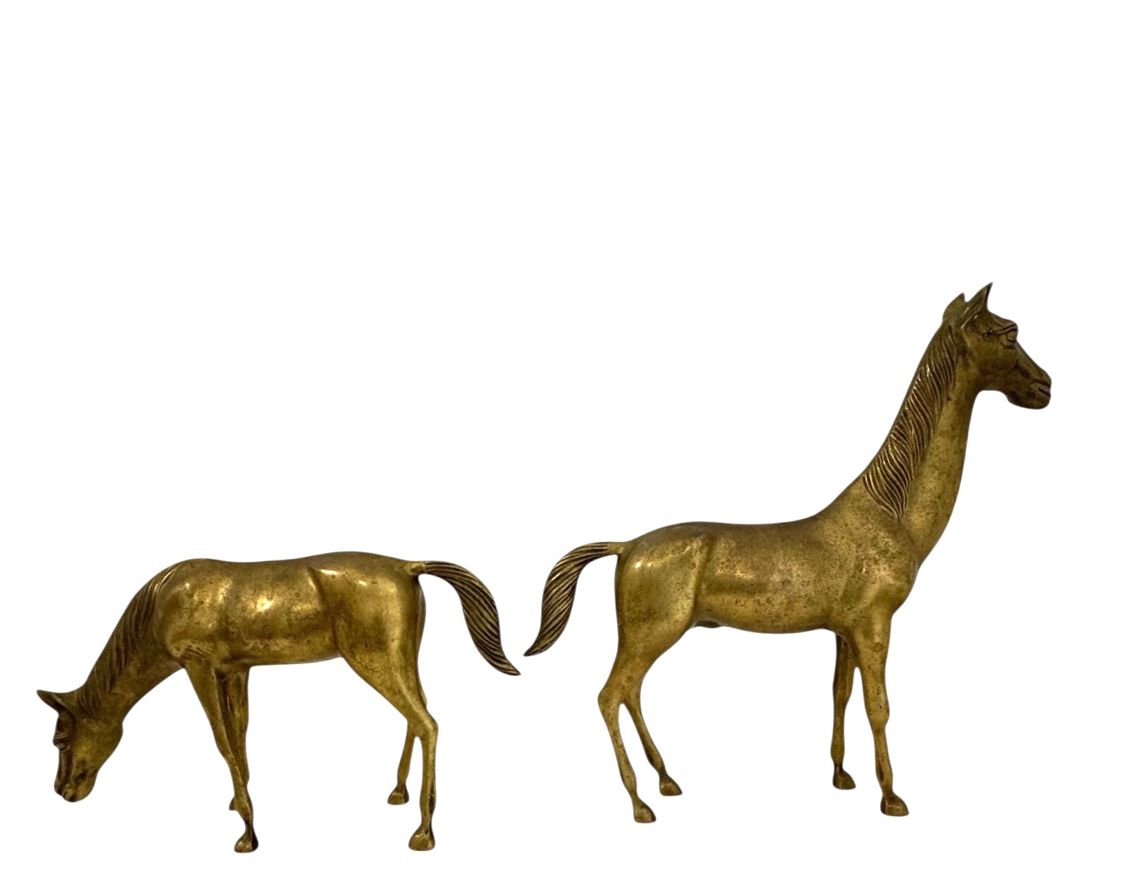 Large Vintage Brass Horse Sculptures – Grazing and Standing Pair (14.5 and 13.5 inches long)