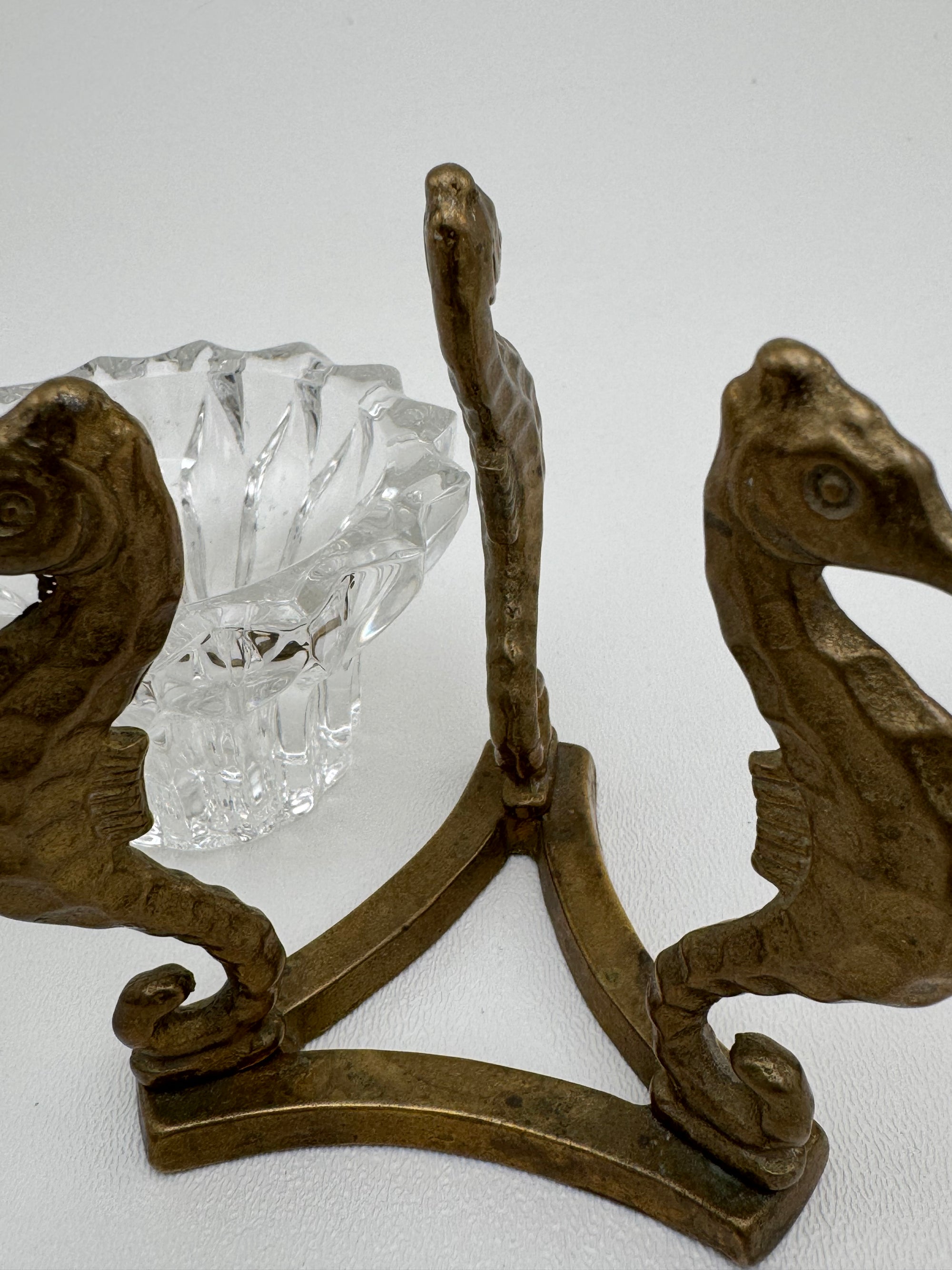 Vintage Brass Seahorse Stands with Crystal Inserts-A Pair