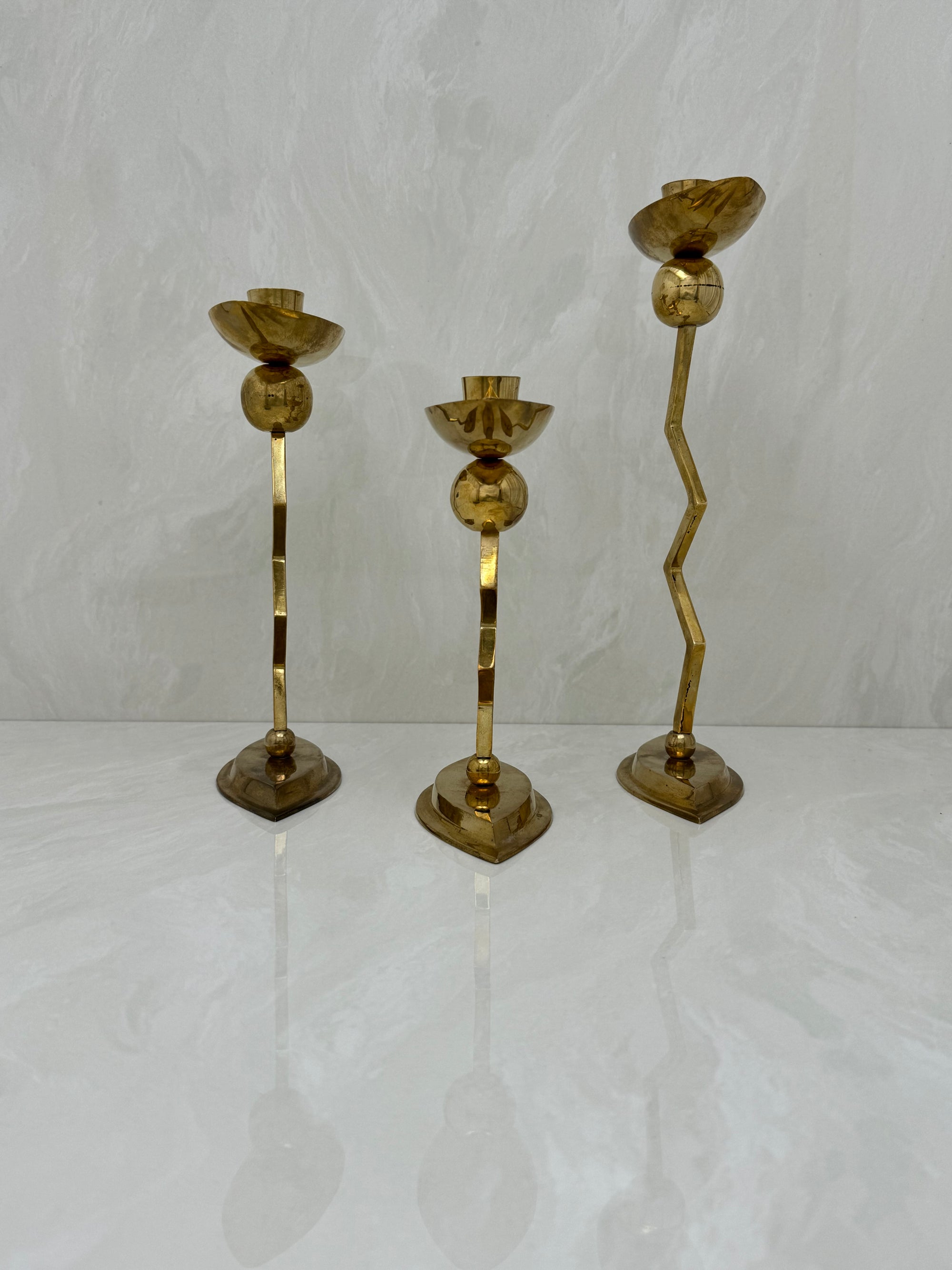 Vintage Brass Retro Candlestick Holders-A Set of Three