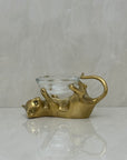 Vintage Brass Cat With Glass Candleholder