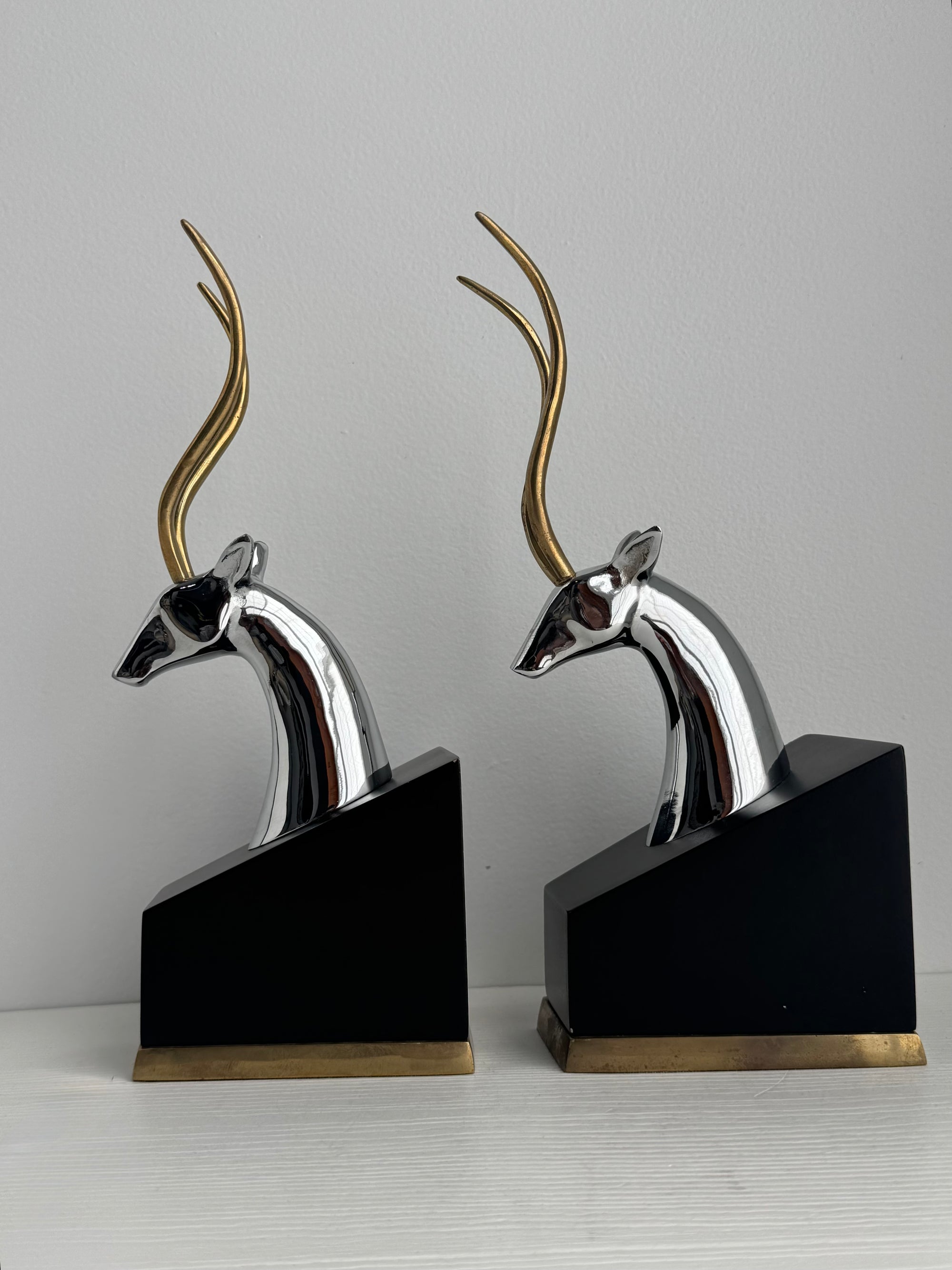 Mid-Century Chrome and Brass Antelope Bookends – Pair