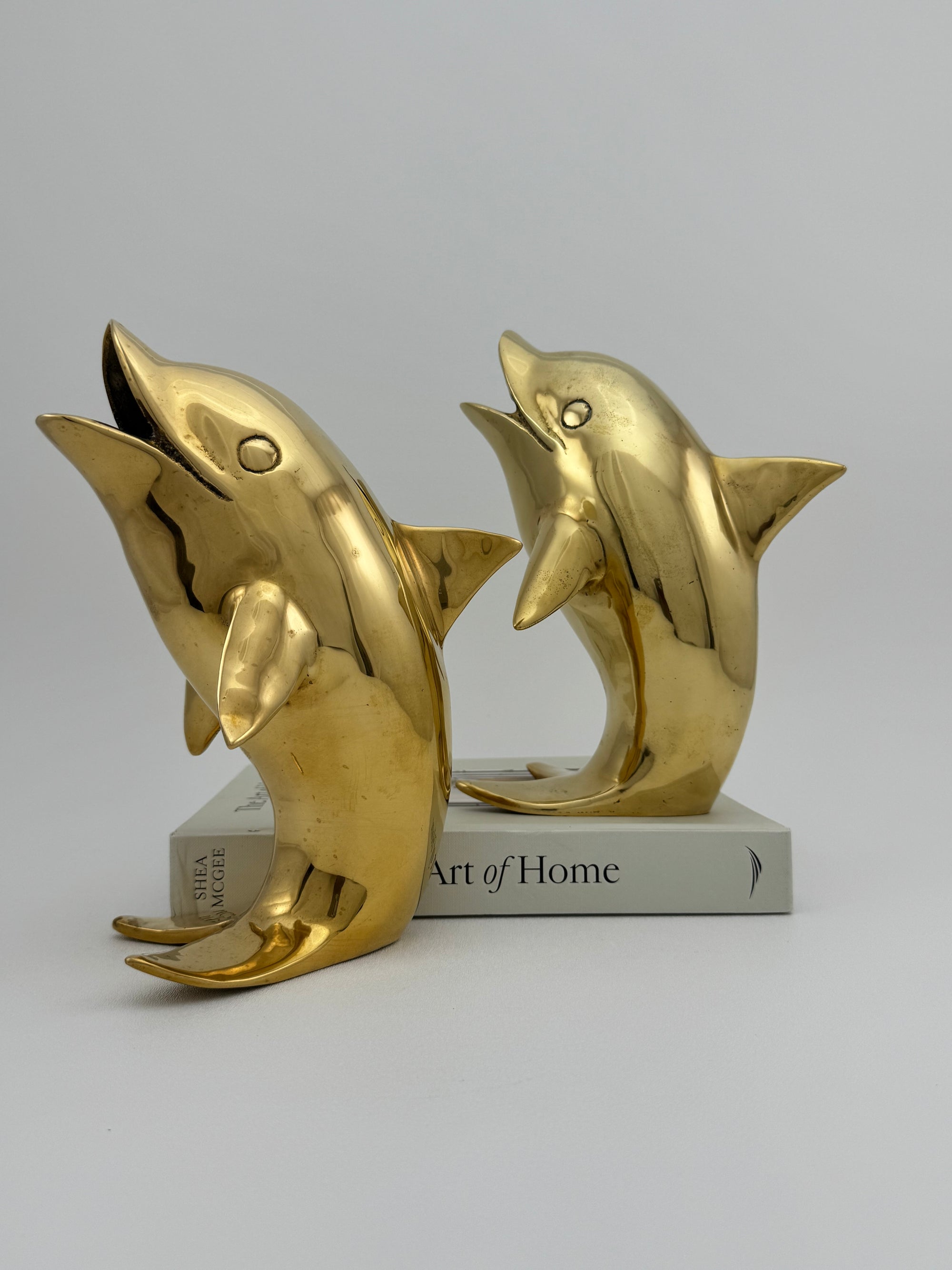 Vintage Solid Brass Dolphins – 10” Coastal Wishing Vessels/Coin Banks-A Pair