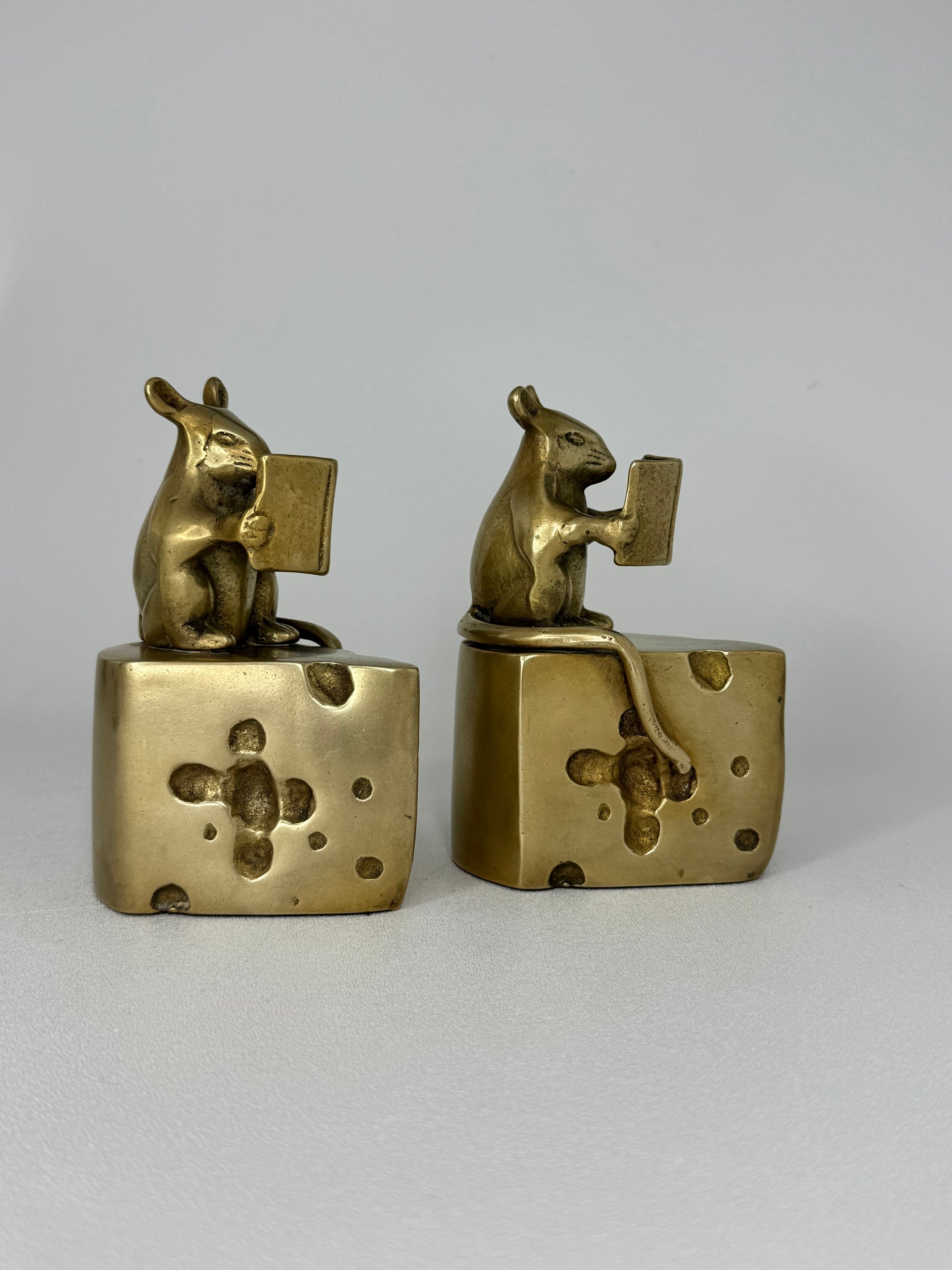 Vintage Brass Mice Reading Books Atop a Slice of Cheese-A Pair