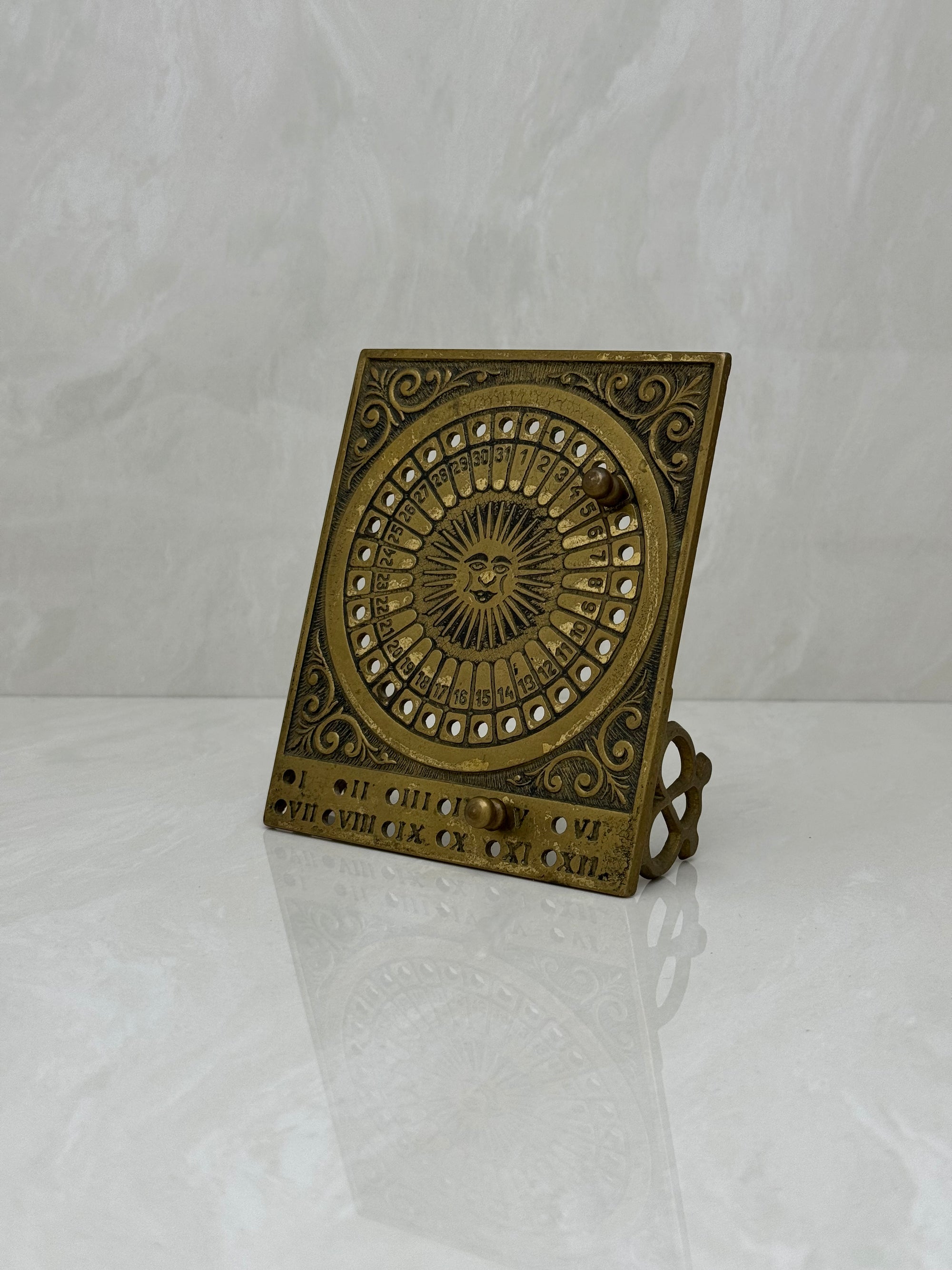 Vintage Brass Sun Calendar-Date Marker with Two Pegs