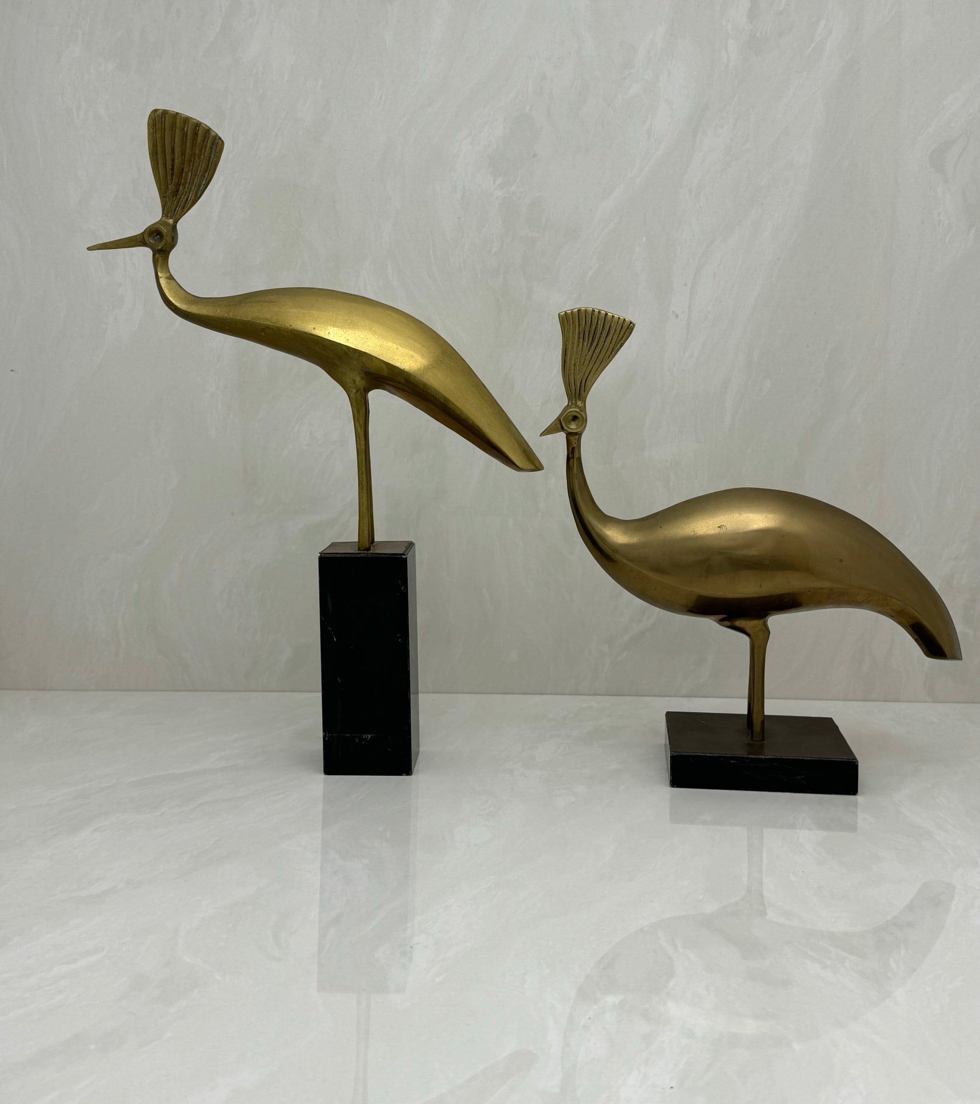 Vintage Brass Peacocks on Marble Bases- A Pair by Rosenthal Netter