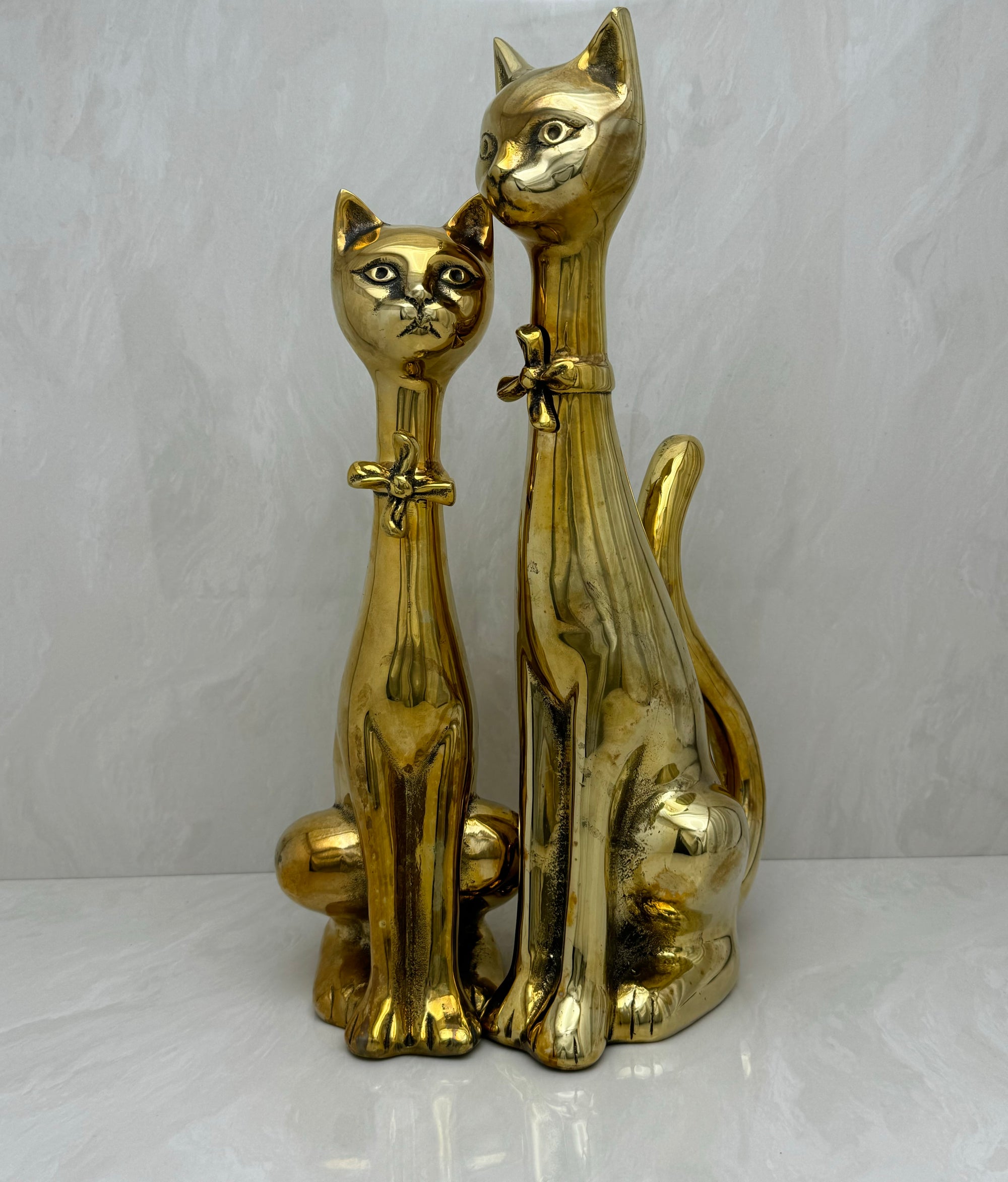 Large Vintage Brass Cats With Bow Tie-A Pair