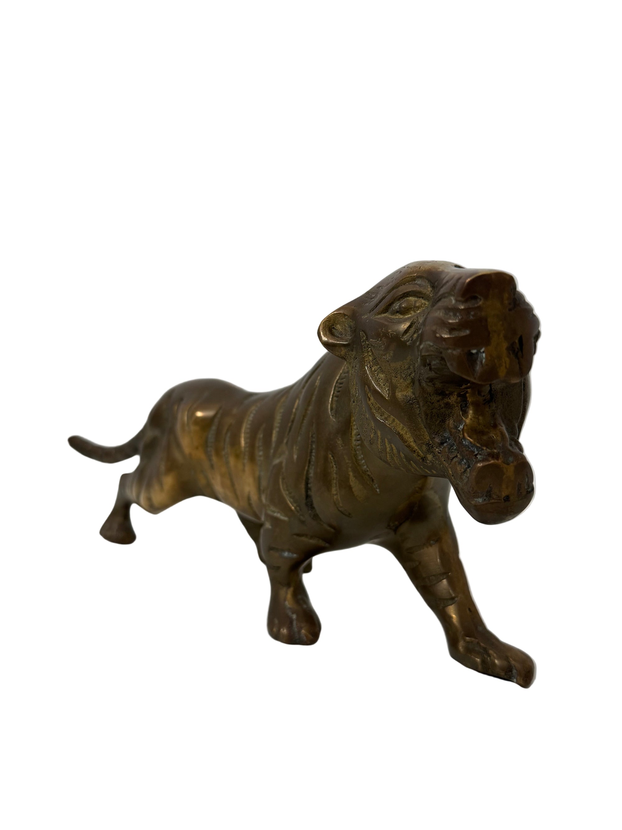 Vintage Brass Tiger Figurine – Mid-Century Modern Roaring Jungle Cat (15”)