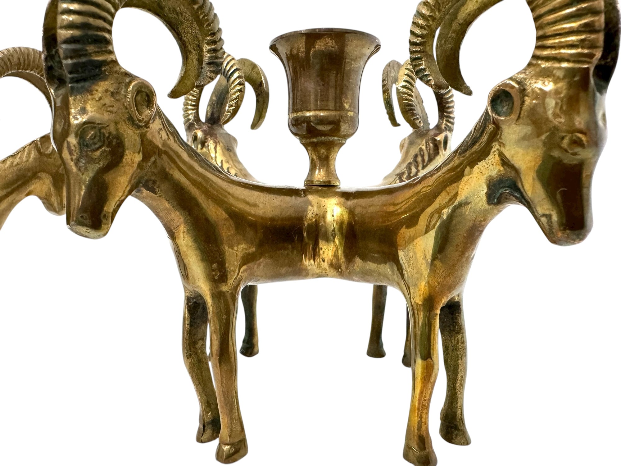 Exceptional Pair of Vintage Four-Headed Ram Brass Candleholders – MCM Sculptural Decor | Hollywood Regency Masterpieces