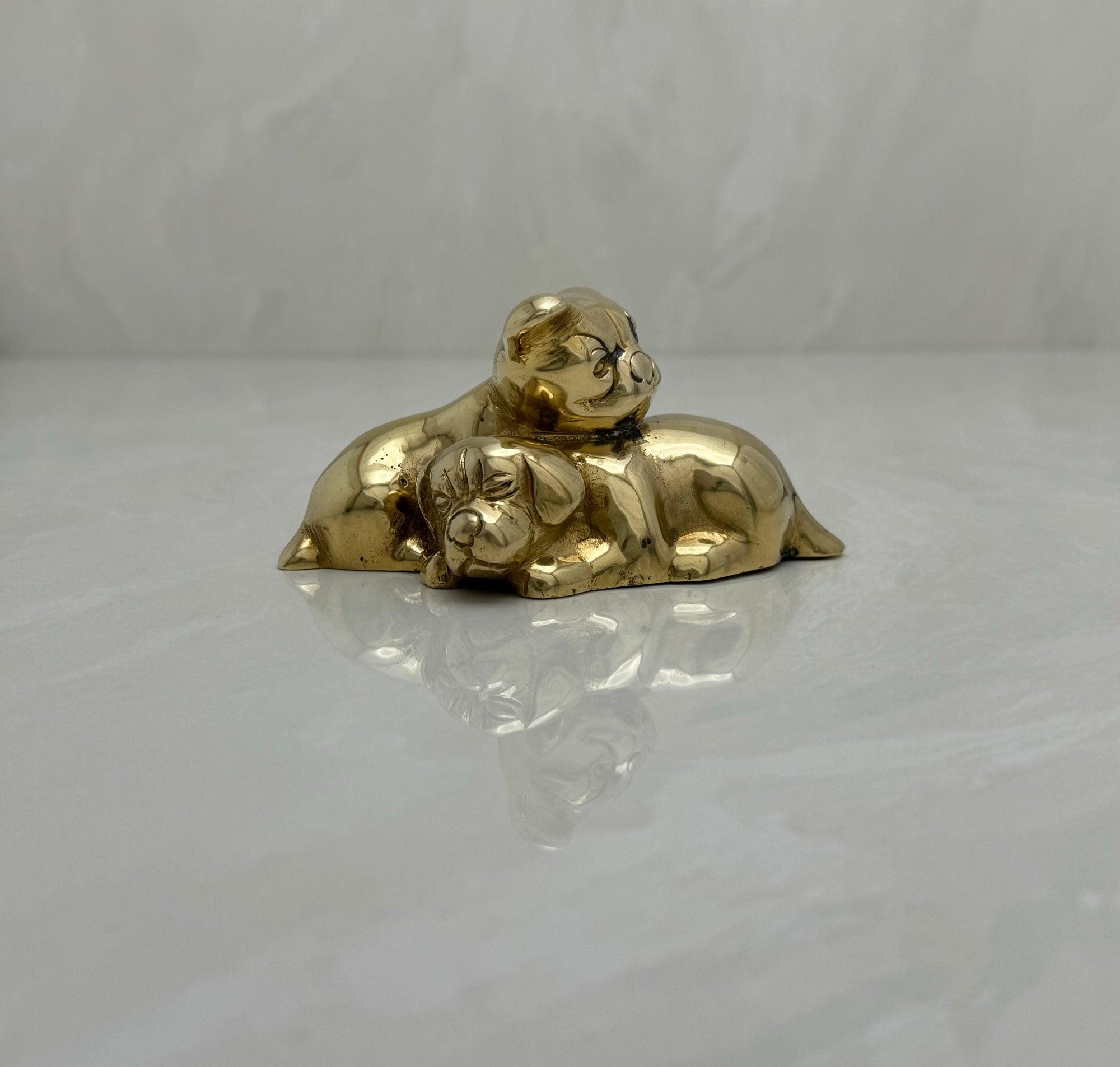 Cute Small Vintage Brass Sleeping Bulldog Puppies-A Collectible