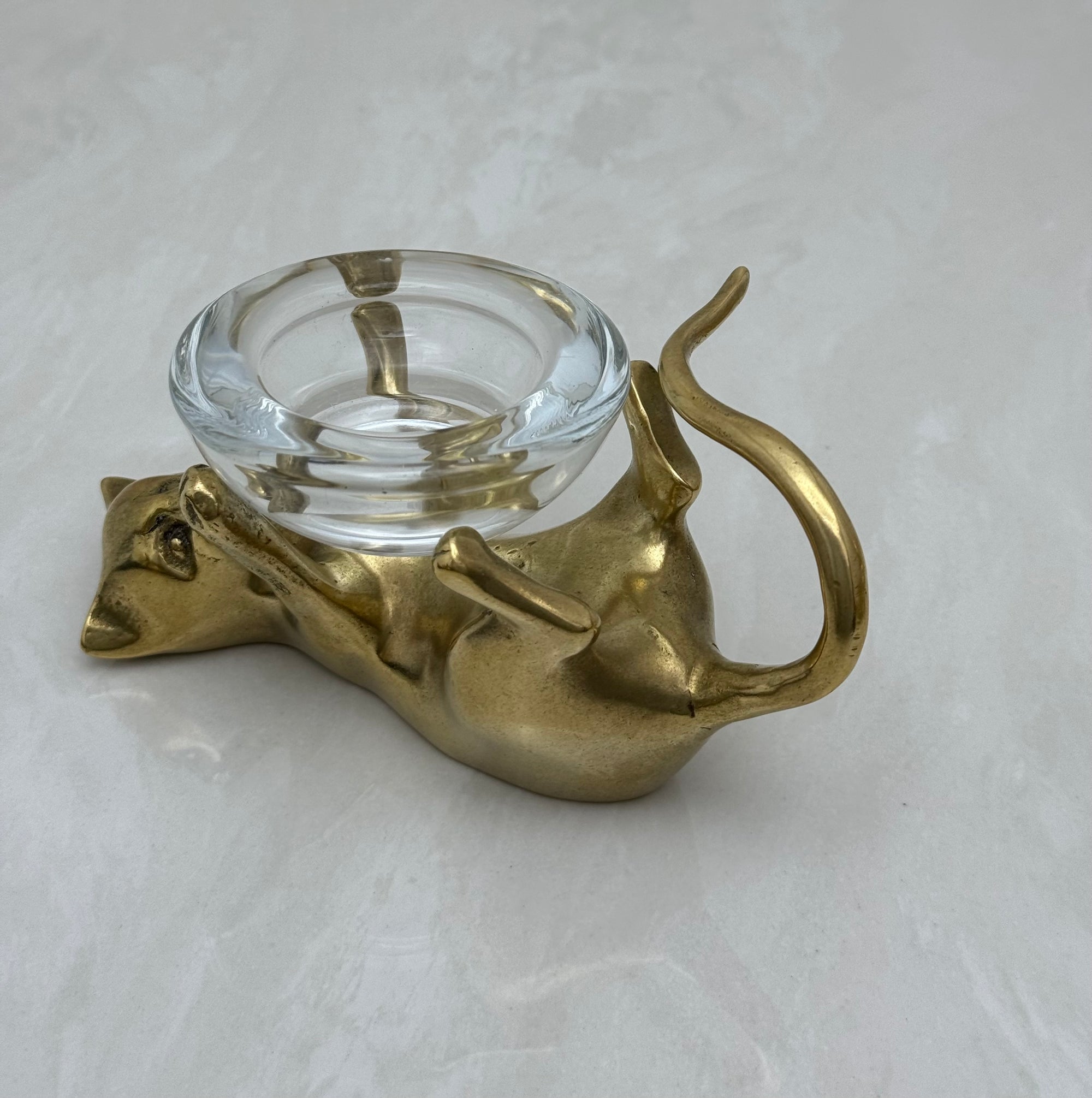 Vintage Brass Cat With Glass Candleholder