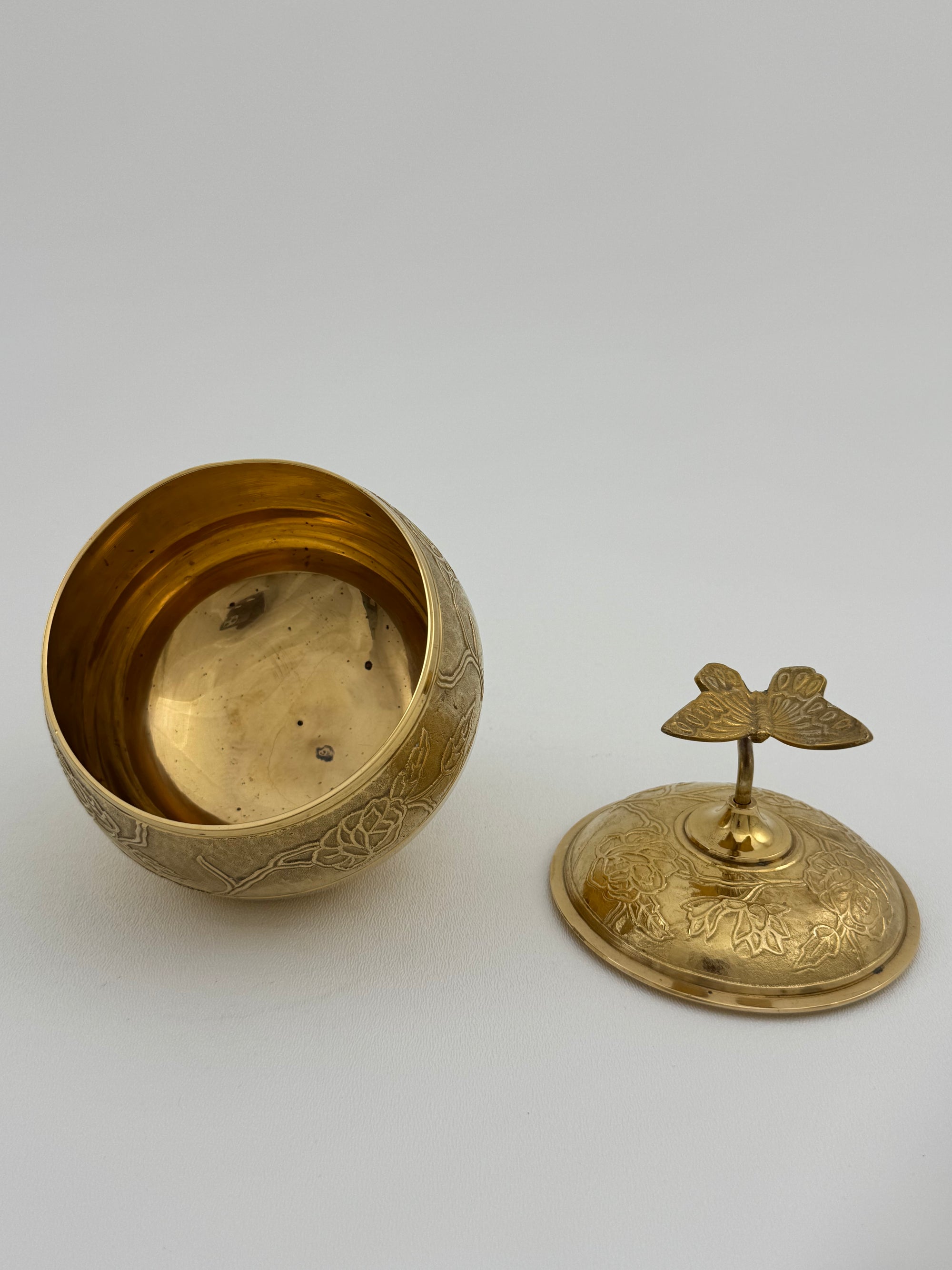 Vintage Brass Trinket Bowl with Butterfly Lid and Floral Etchings
