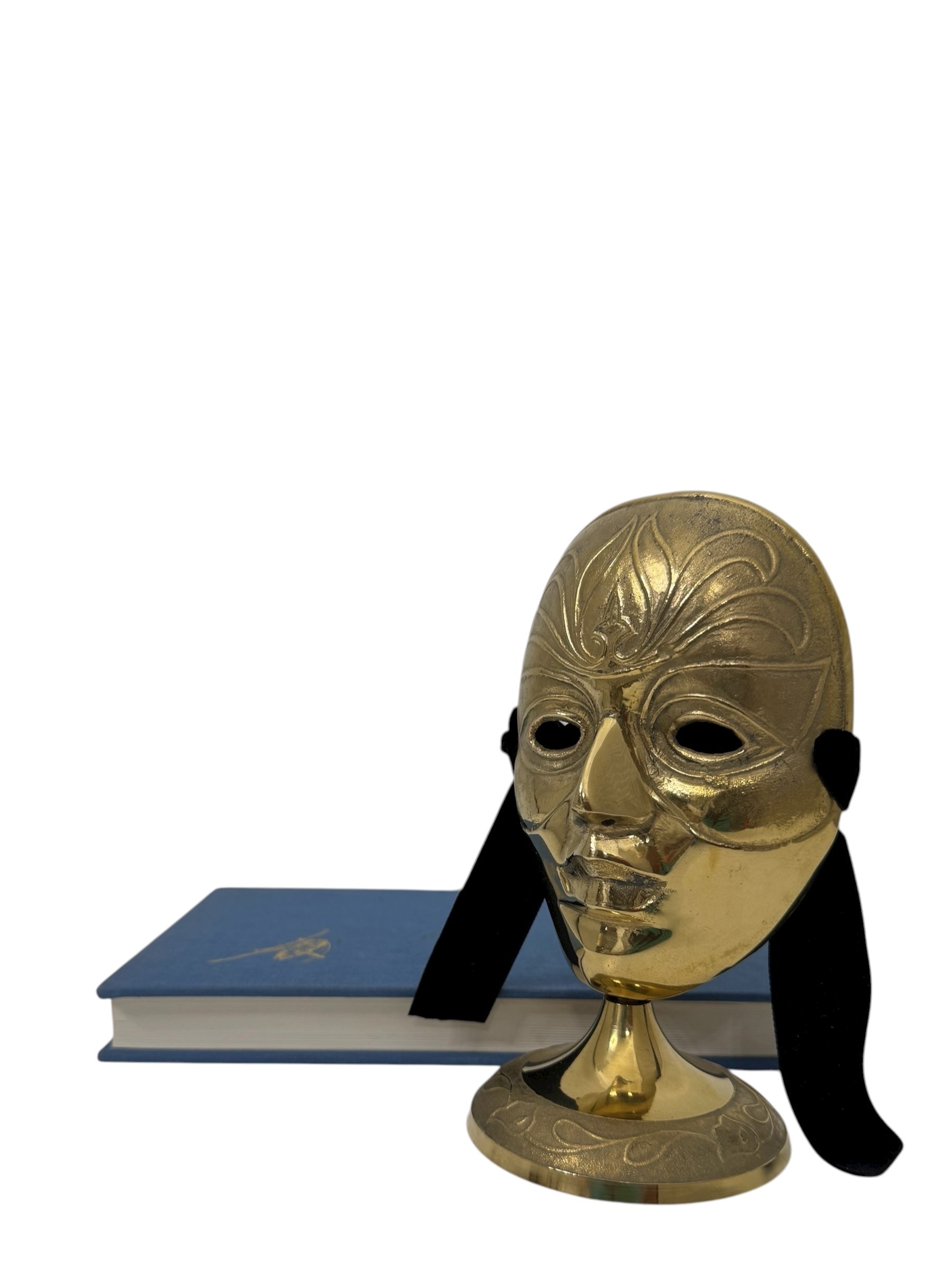 Vintage Brass Face Mask Sculpture on Stand | Mid-Century Modern Surreal Art Decor
