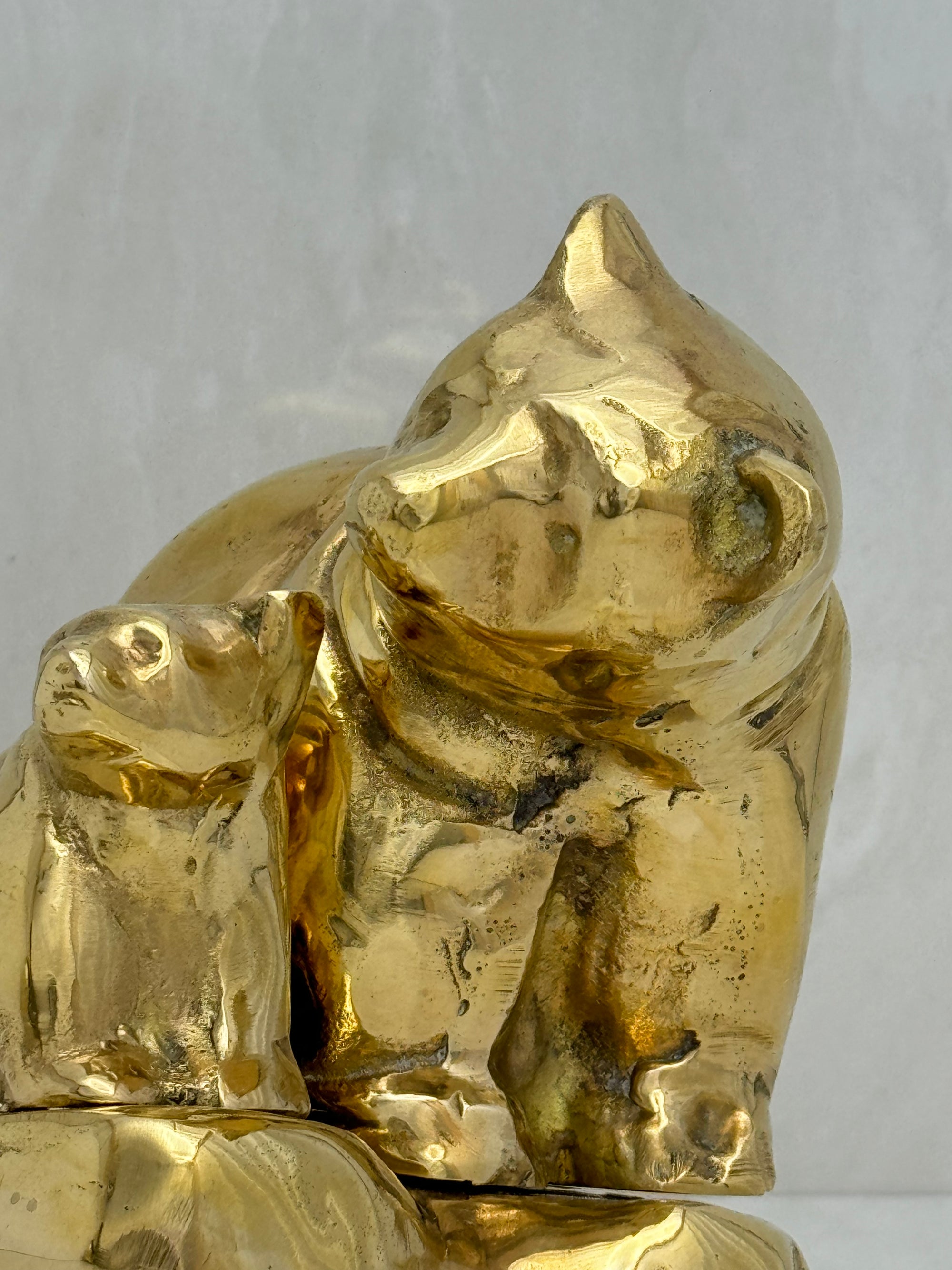 Vintage Brass Mama Bear and Cub on Rock