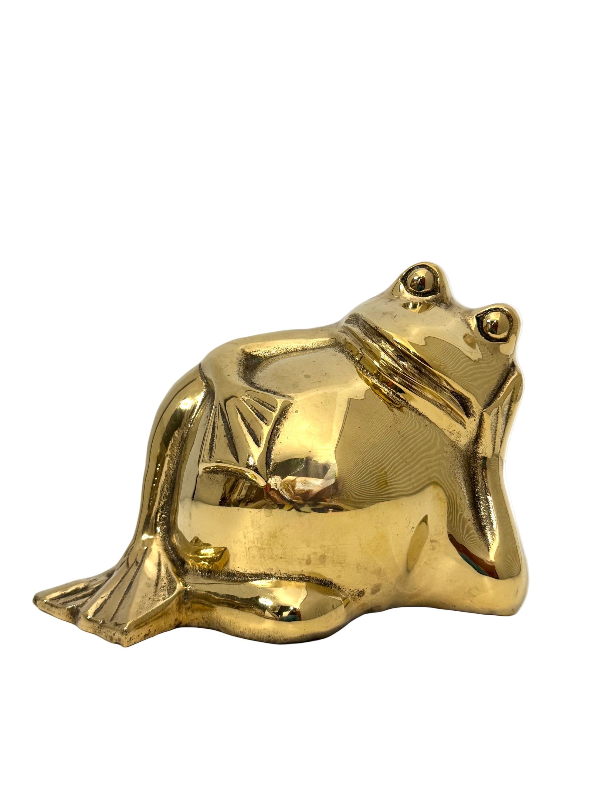 Vintage Polished Unlacquered Brass Relaxed Frog Sculpture Over 3 Pounds- Made in Korea