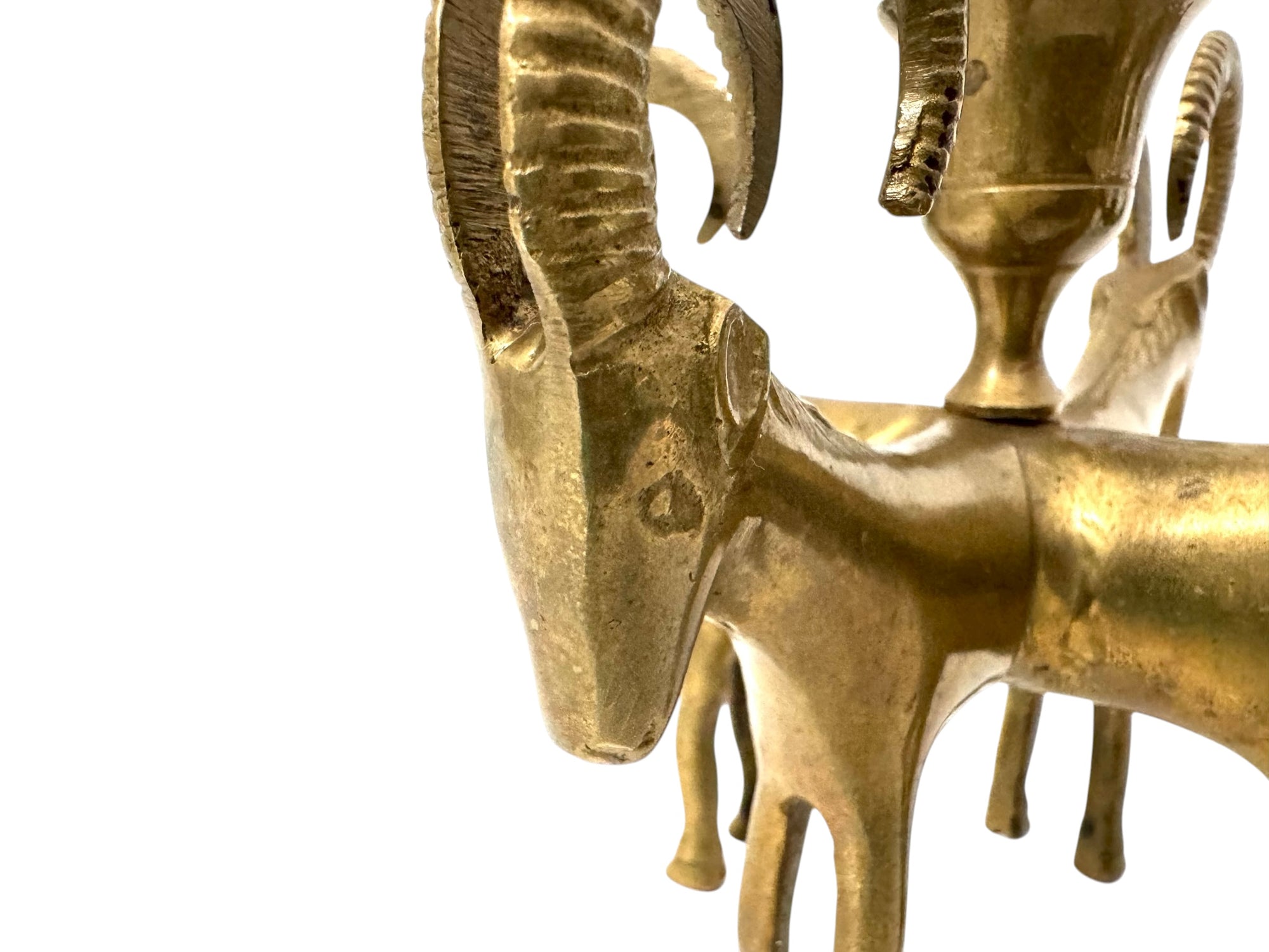 Exceptional Pair of Vintage Four-Headed Ram Brass Candleholders – MCM Sculptural Decor | Hollywood Regency Masterpieces