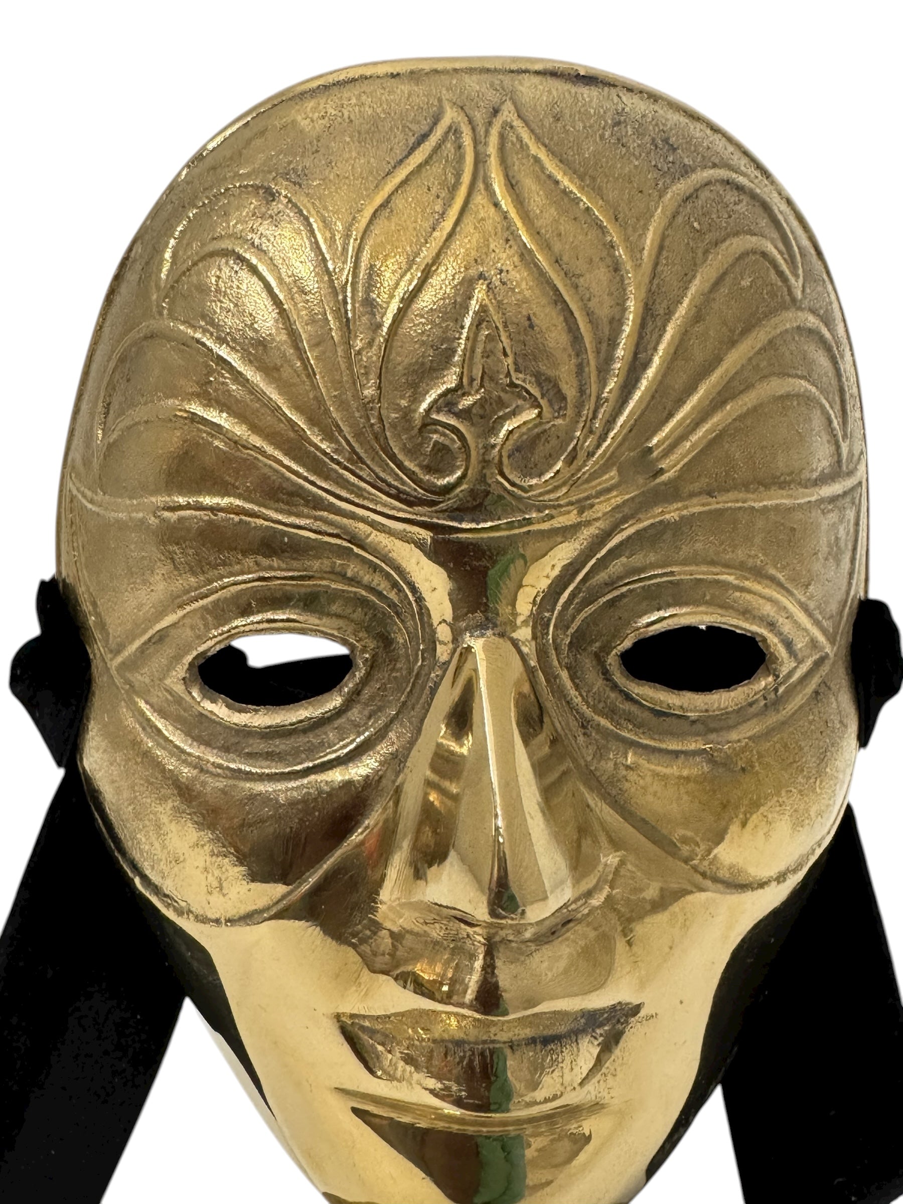 Vintage Brass Face Mask Sculpture on Stand | Mid-Century Modern Surreal Art Decor