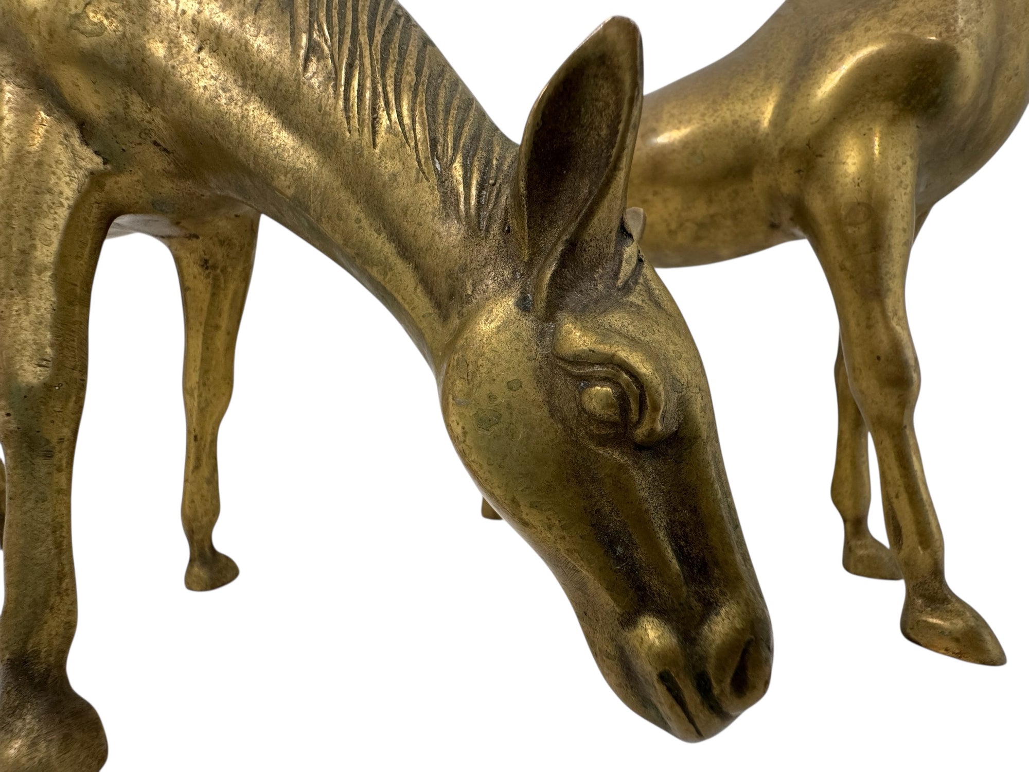 Large Vintage Brass Horse Sculptures – Grazing and Standing Pair (14.5 and 13.5 inches long)