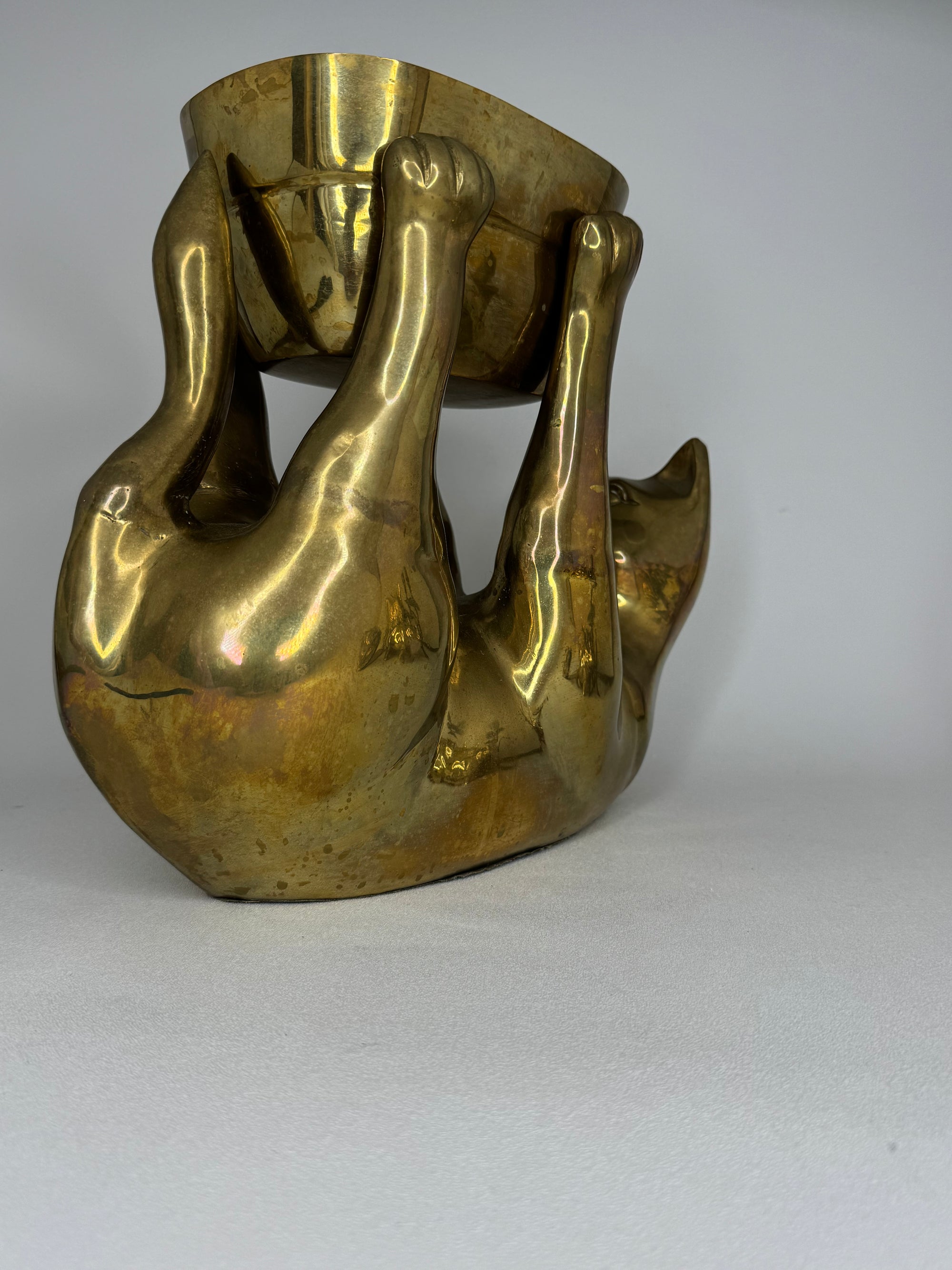 Rare Large Vintage Brass Cat Planter –Statement Cat Holding Bowl Centerpiece