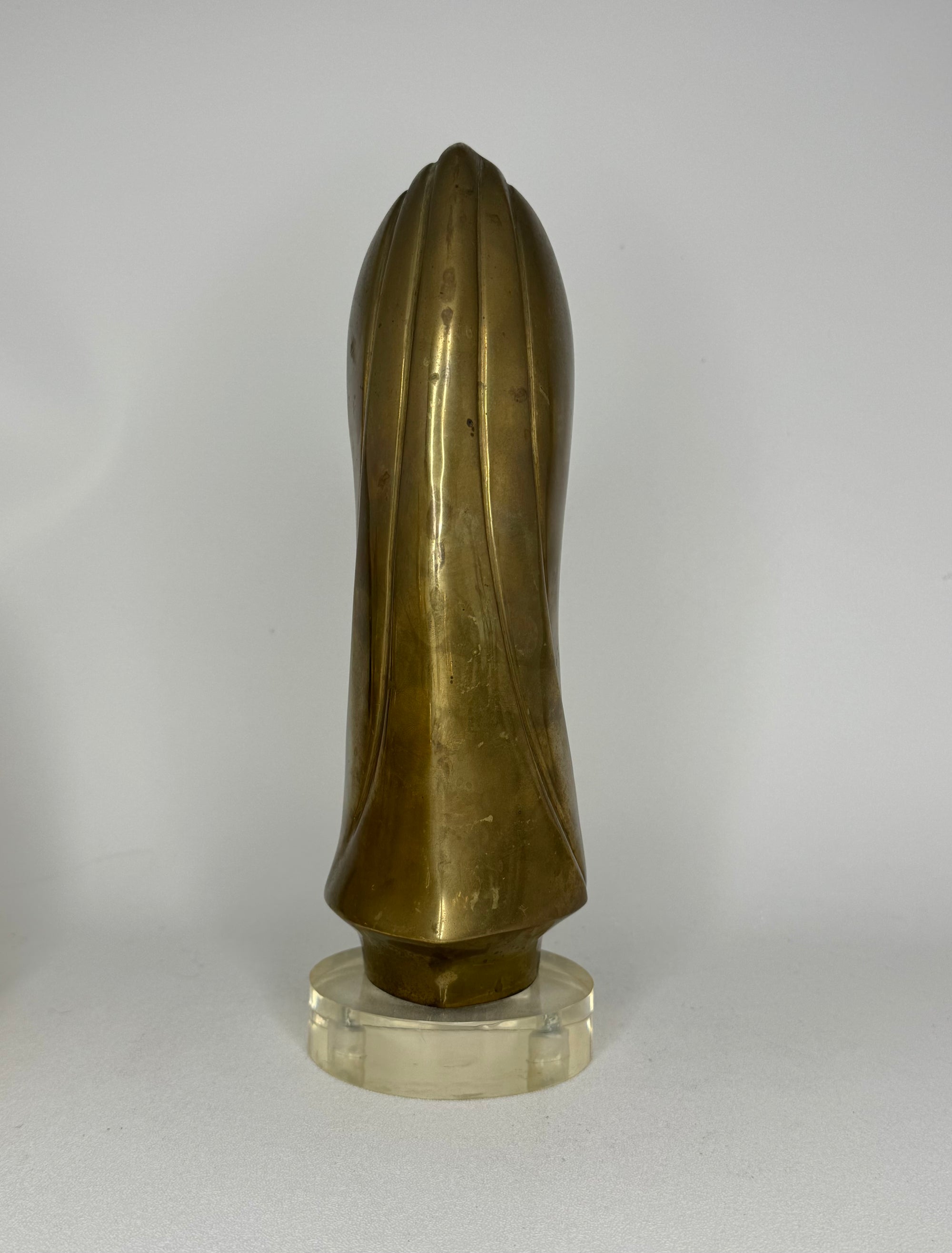 Modernist Brass Female Bust Sculpture | Abstract Woman’s Head, Vintage Brass Art Object on Lucite Base
