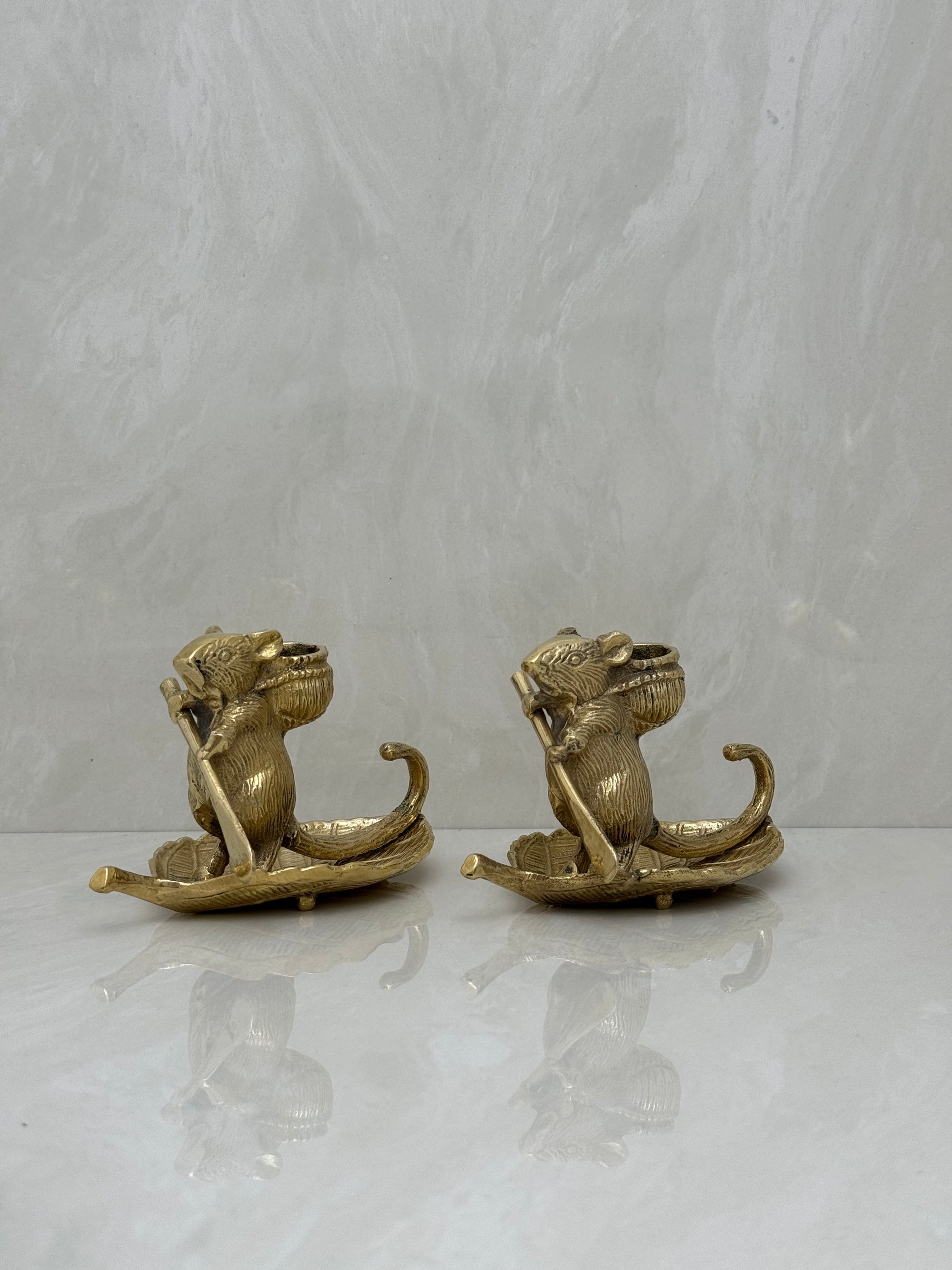 Whimsical Vintage Bronze Mouse Candleholders – Leaf Boats- A Pair