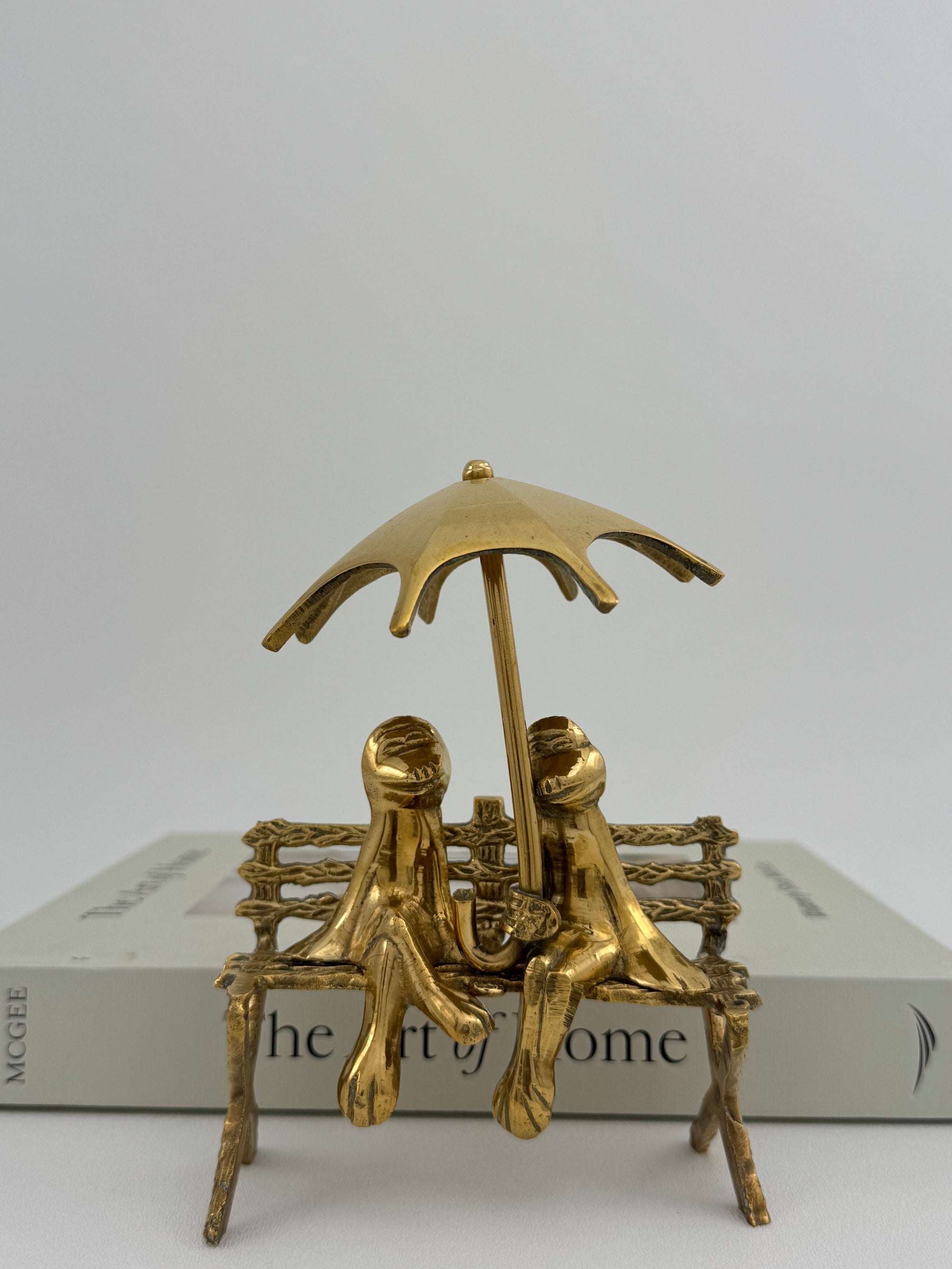 Vintage Brass Charming Frog Couple on Bench Under Umbrella