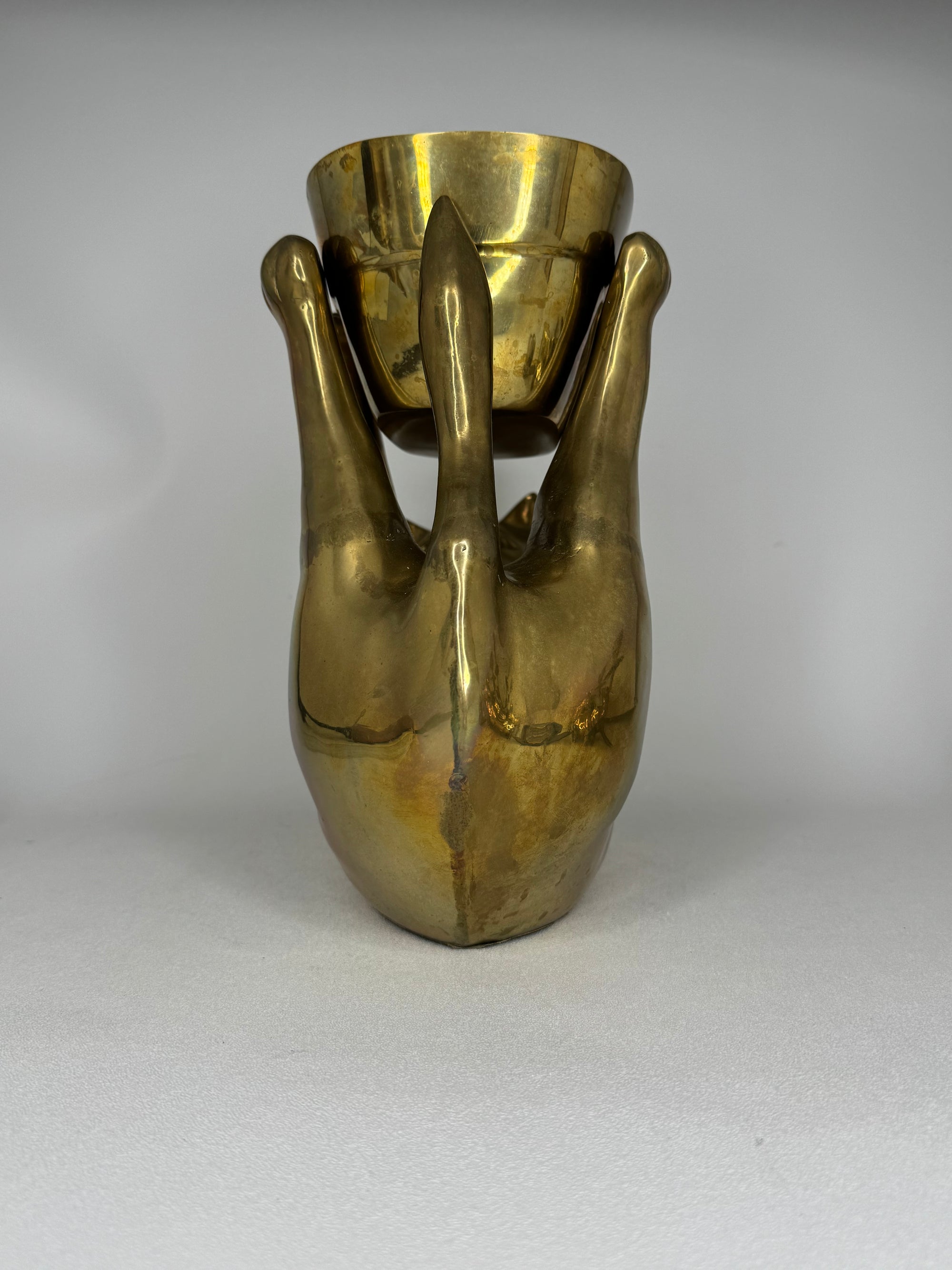 Rare Large Vintage Brass Cat Planter –Statement Cat Holding Bowl Centerpiece