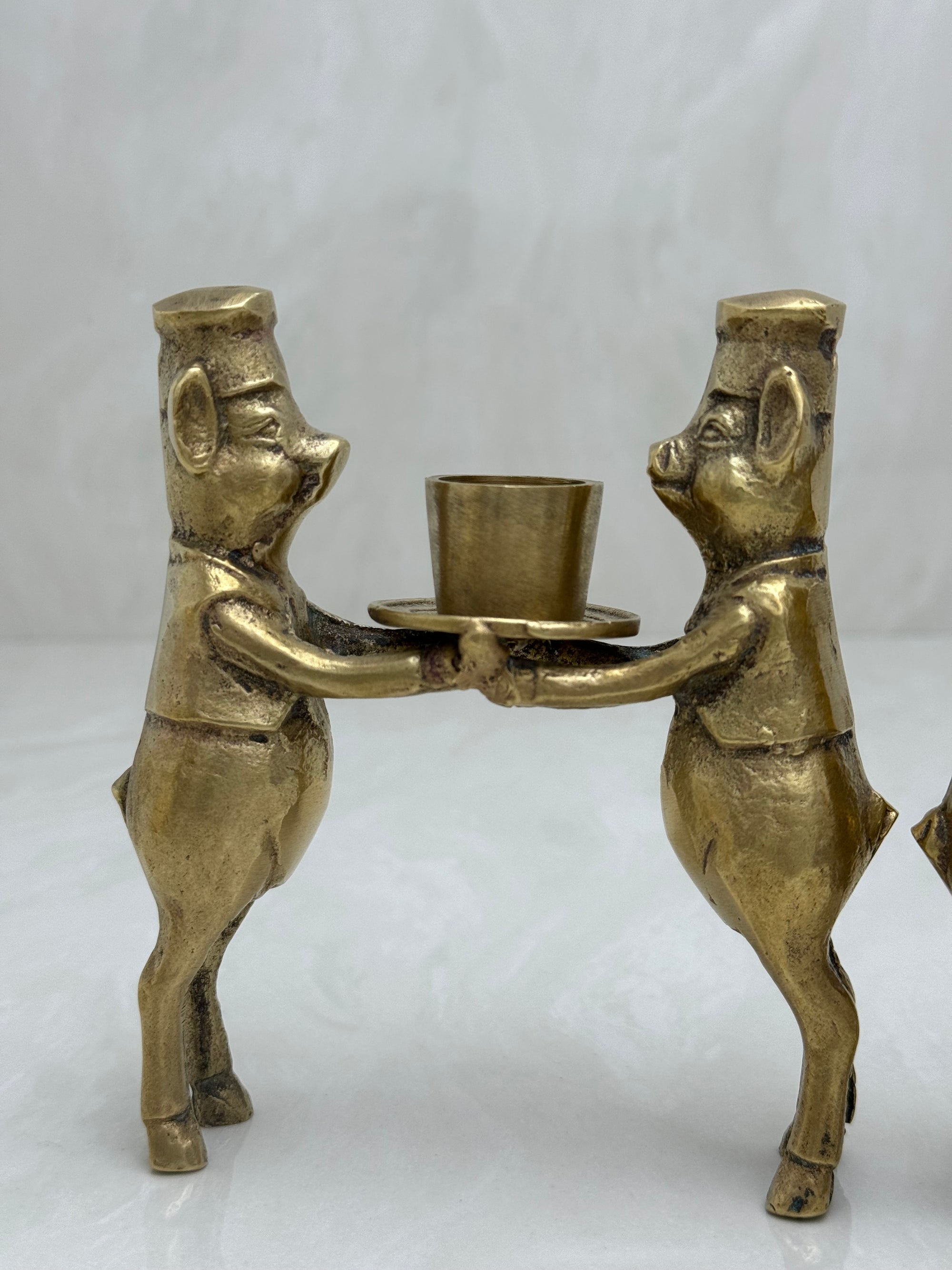 Vintage Bronze Pig Chef Candleholders-A Pair