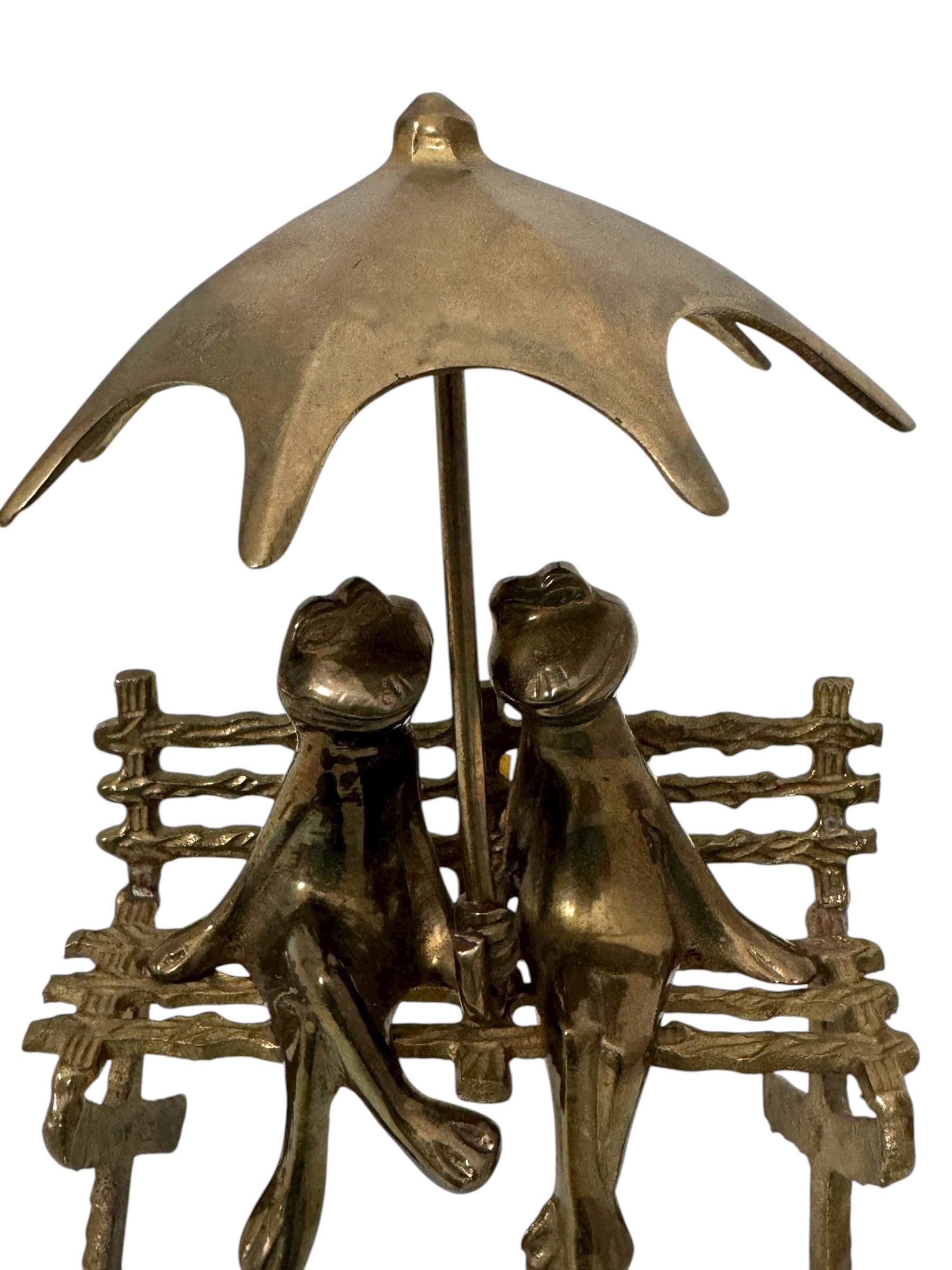 Vintage Brass Frog Couple Under Umbrella | Mid-Century Whimsical Figurine