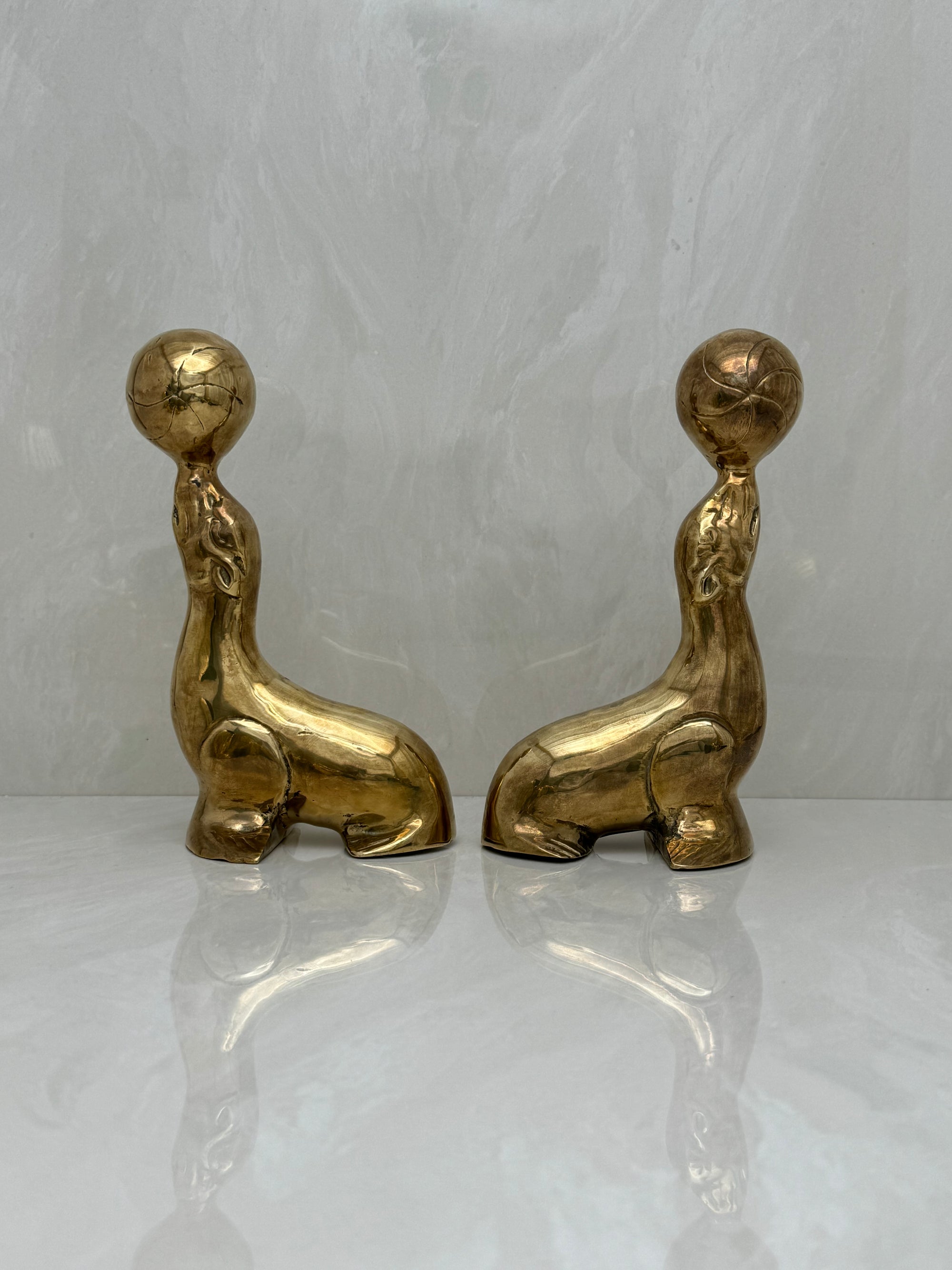 Vintage Brass Seal Bookends with Ball-A Pair