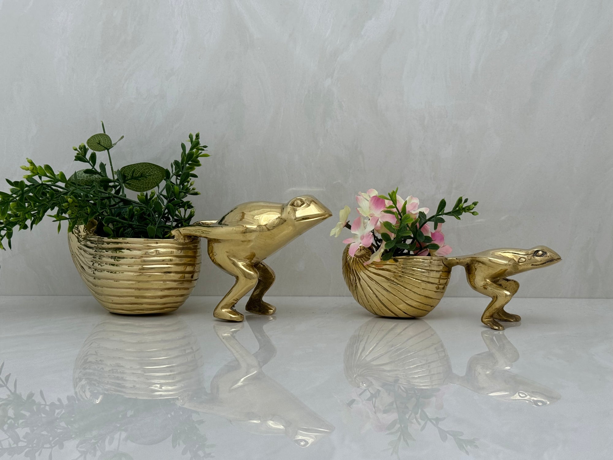 Vintage Brass Frogs Pulling Snails- A Pair