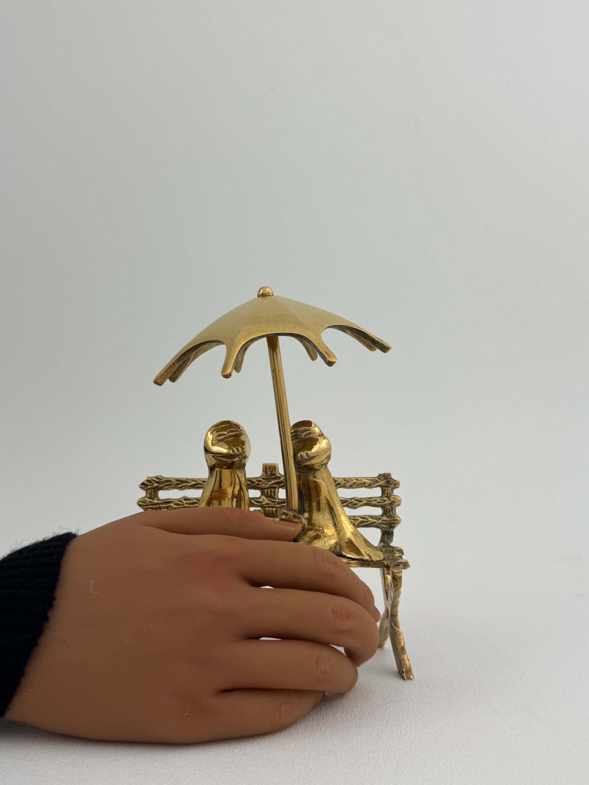 Vintage Brass Charming Frog Couple on Bench Under Umbrella