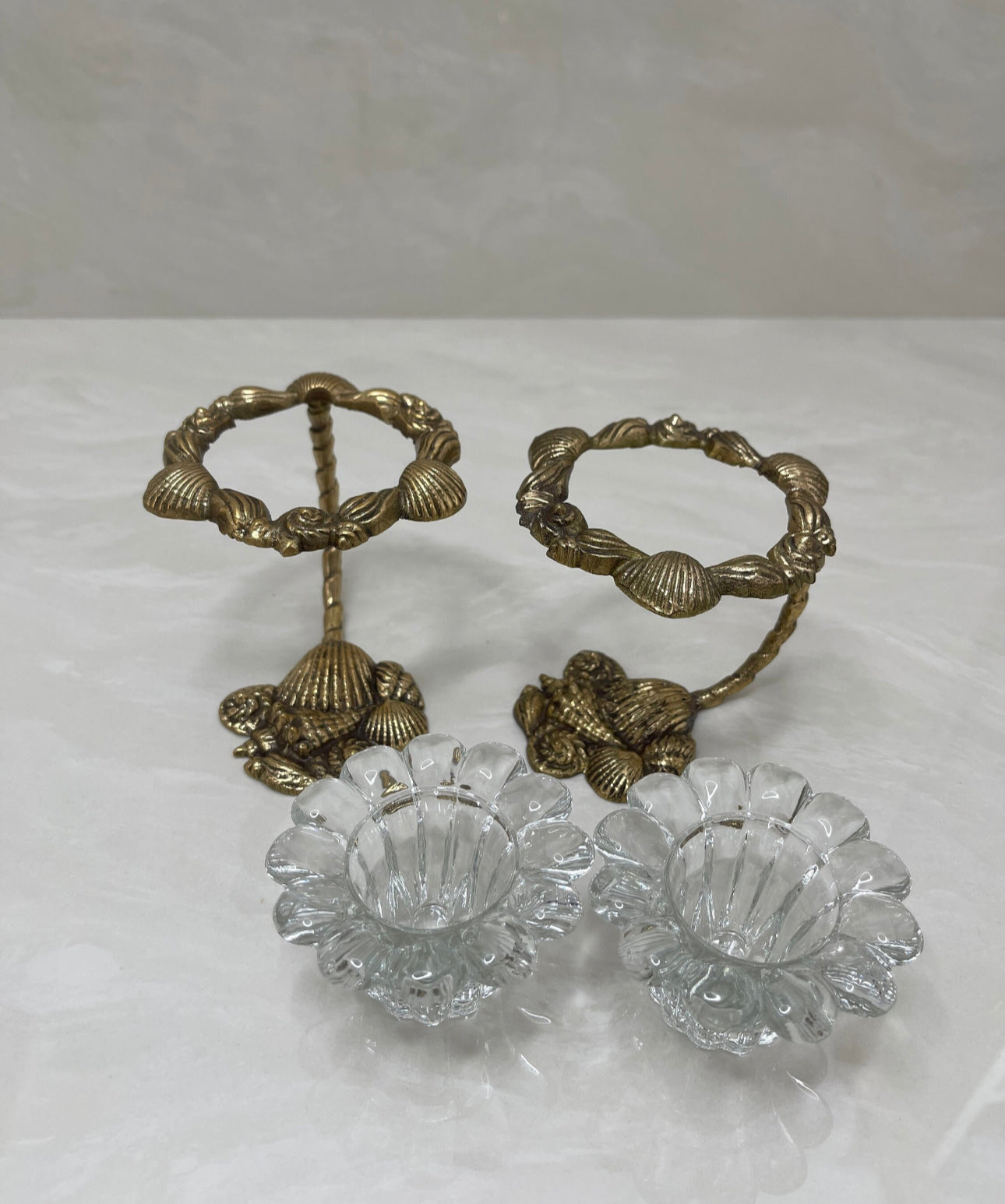 Vintage Brass Shell Candlestick Holder Stands with Glass Inserts- A Pair