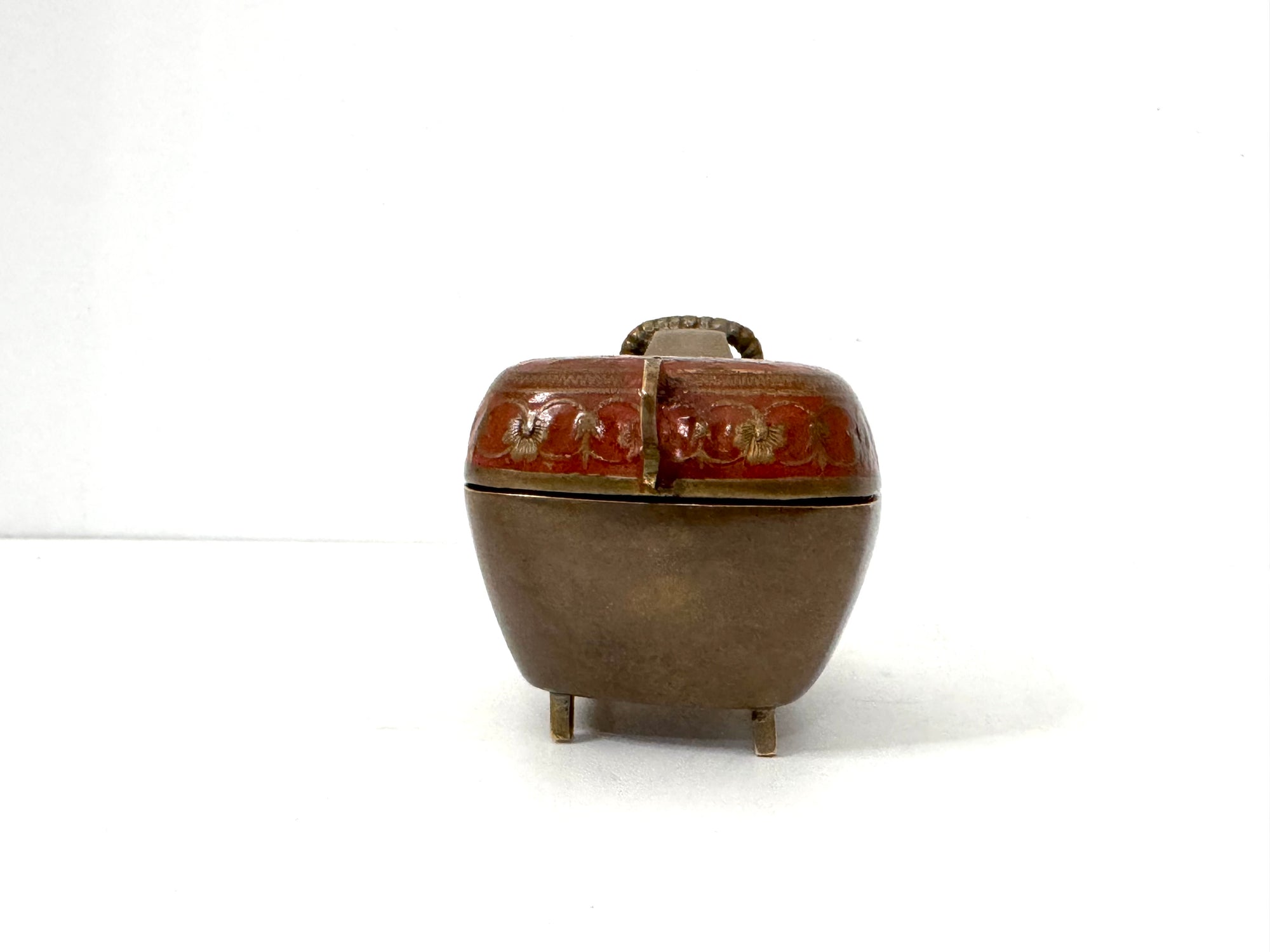 Vintage Brass Ram Trinket Box with Red Floral Enamel Lid | Mid-Century Decorative Storage Box
