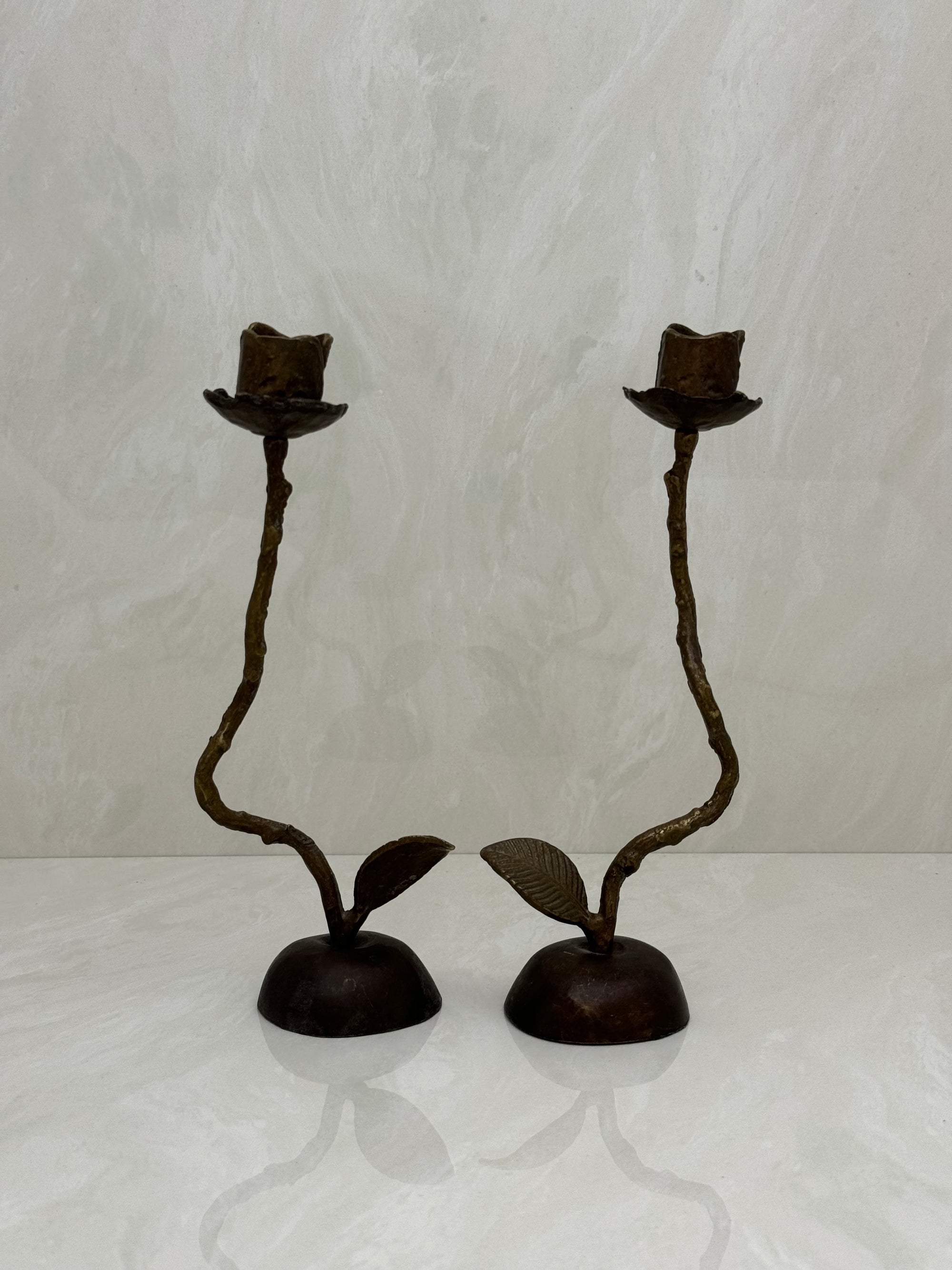 Vintage Brass Single Flower Stem Candle Holders - A Pair