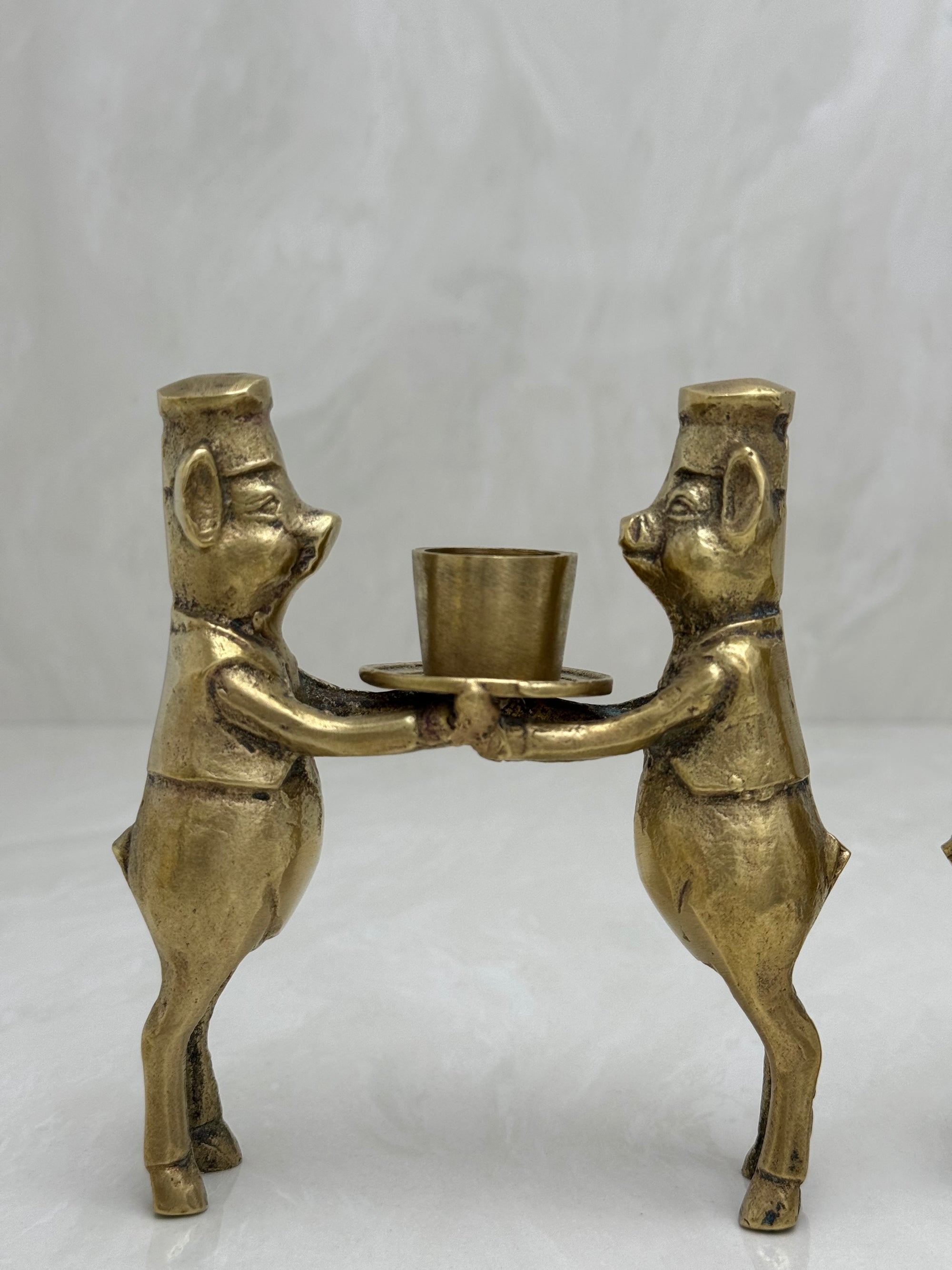 Vintage Bronze Pig Chef Candleholders-A Pair