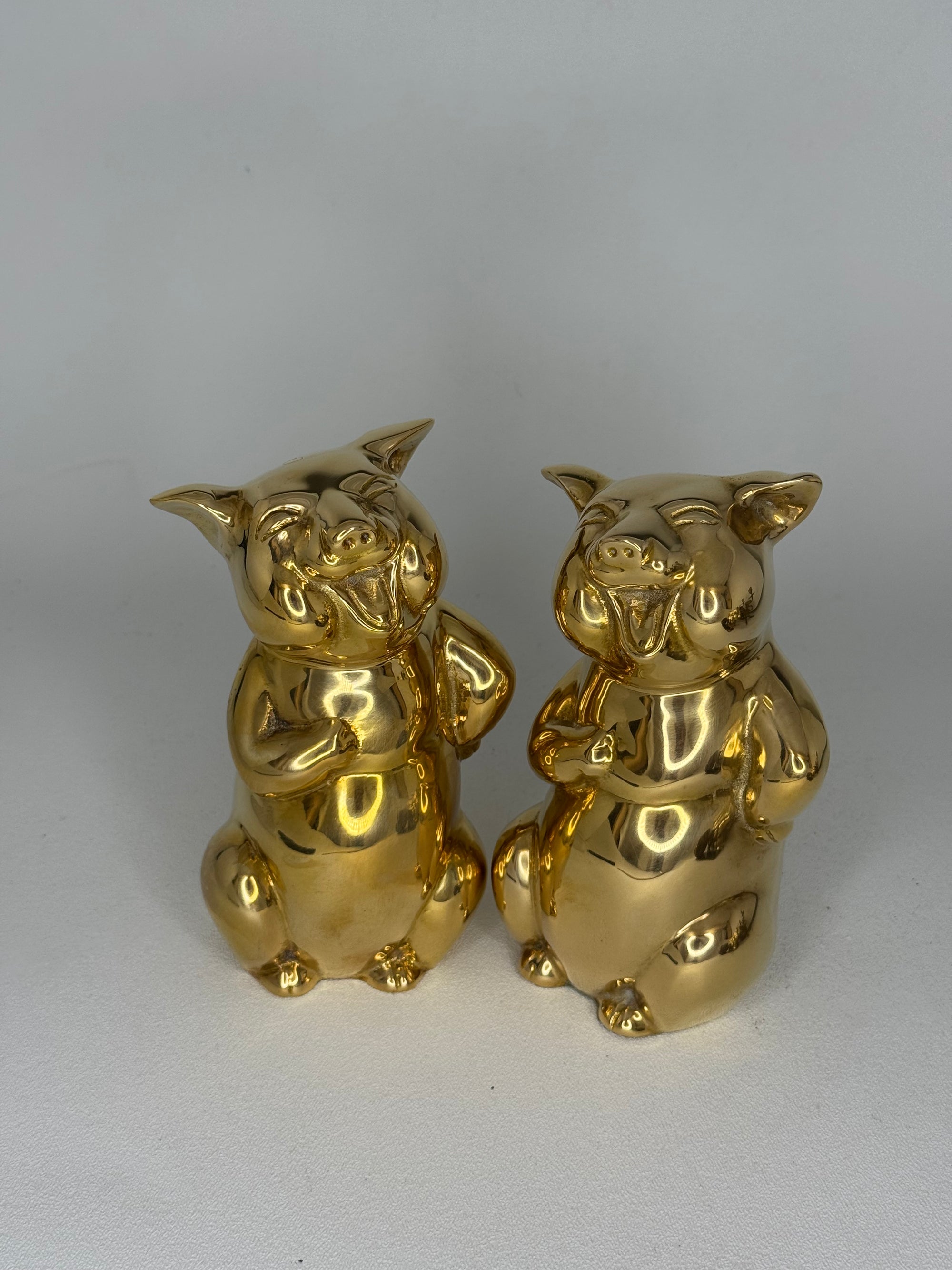 Pair of Vintage Brass Laughing Pig Figurines