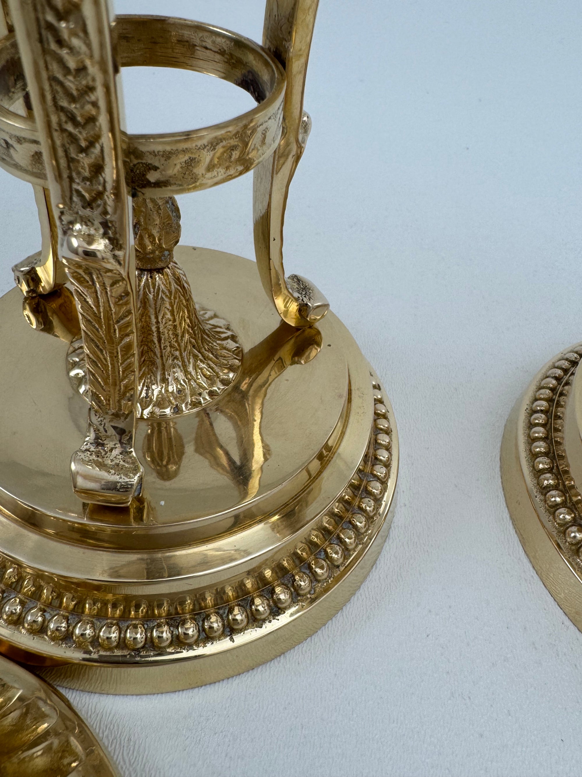 Pair of Vintage Brass Urns with Rams’ Heads &amp; Flame Finials