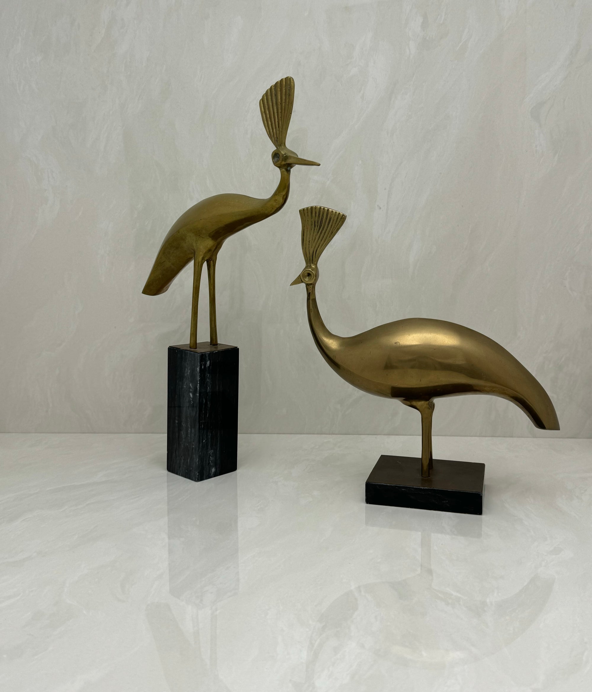 Vintage Brass Peacocks on Marble Bases- A Pair by Rosenthal Netter