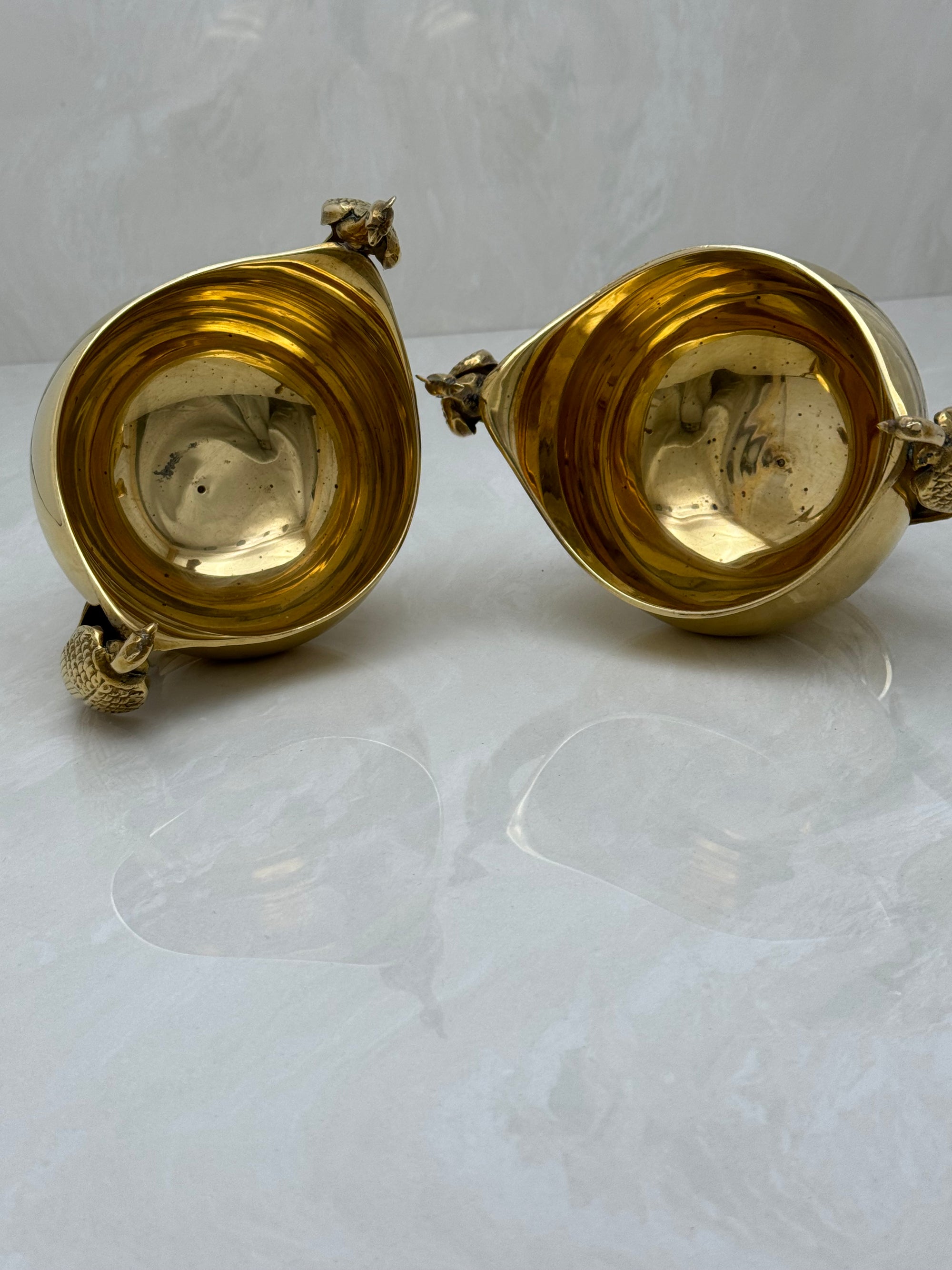 Vintage Brass Flower Bowls With Peacock Handles-A Pair