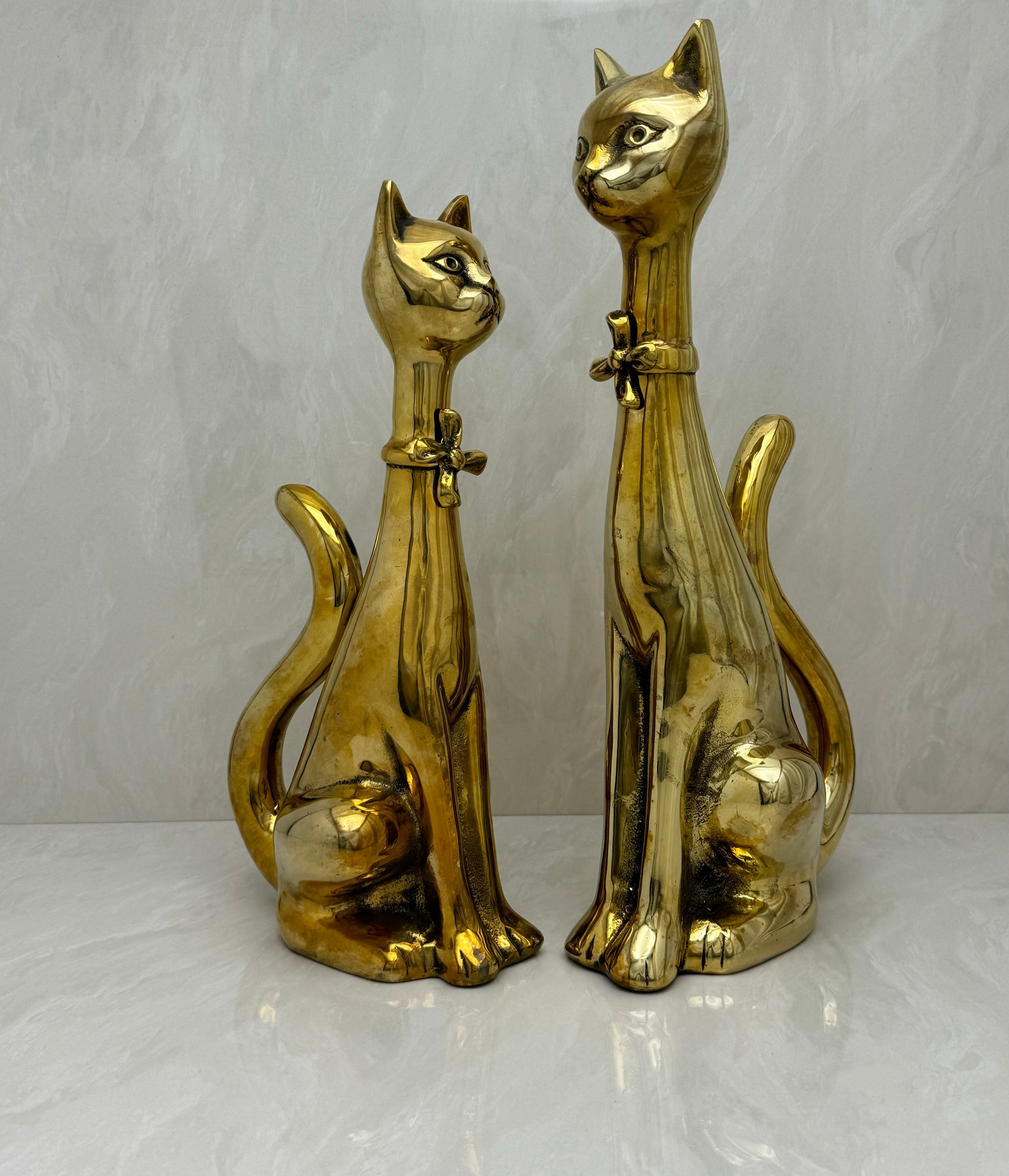 Large Vintage Brass Cats With Bow Tie-A Pair