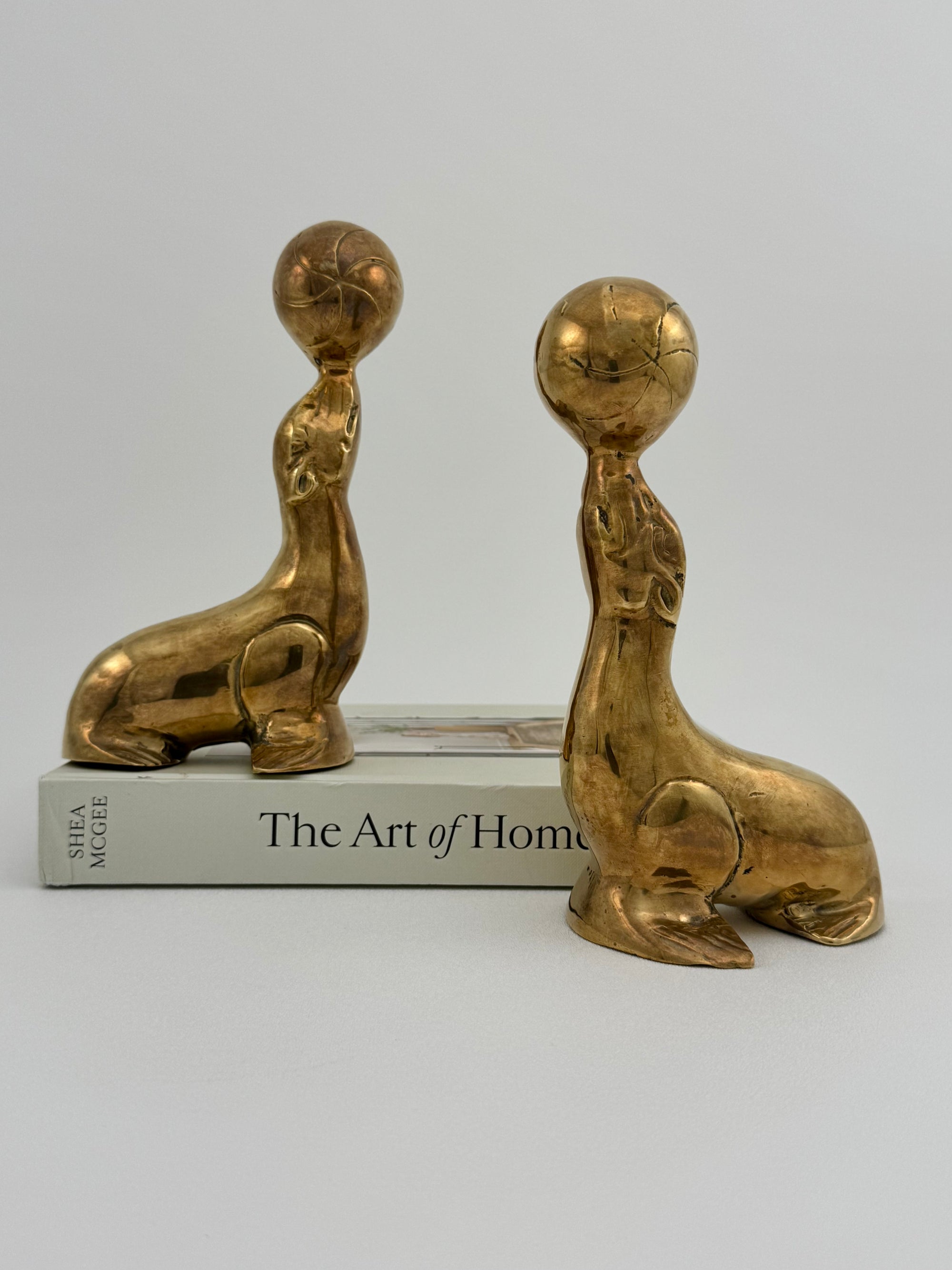 Vintage Brass Seal Bookends with Ball-A Pair
