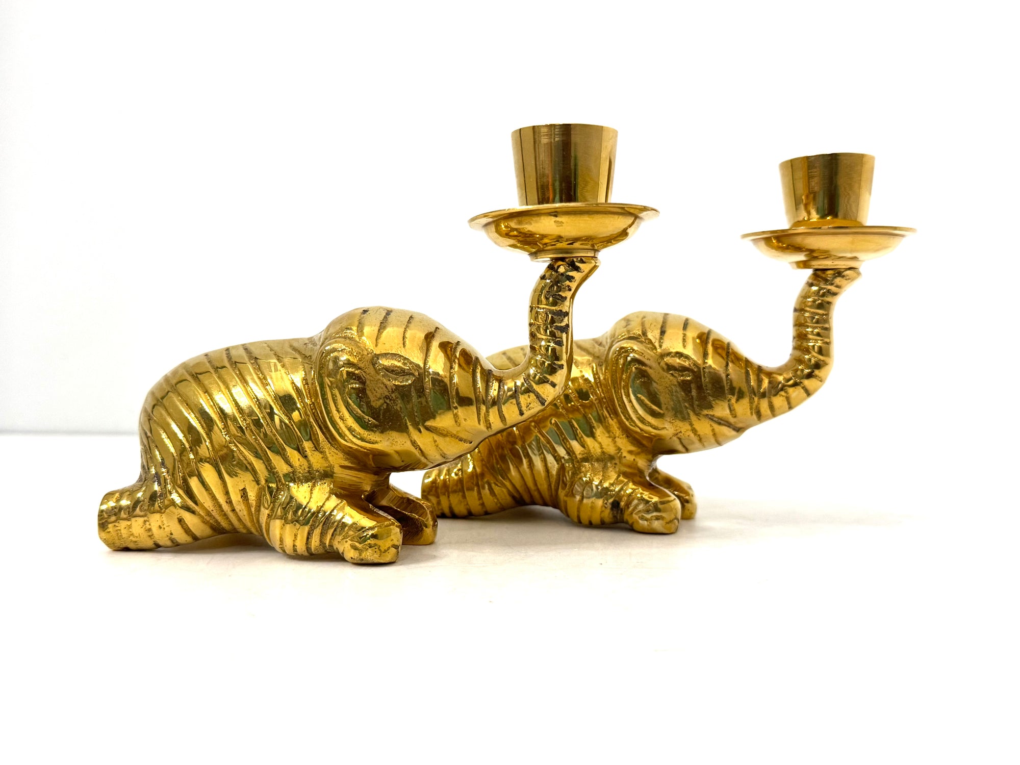 Vintage Brass Elephant Candle Holders | Lucky Trunk Pair