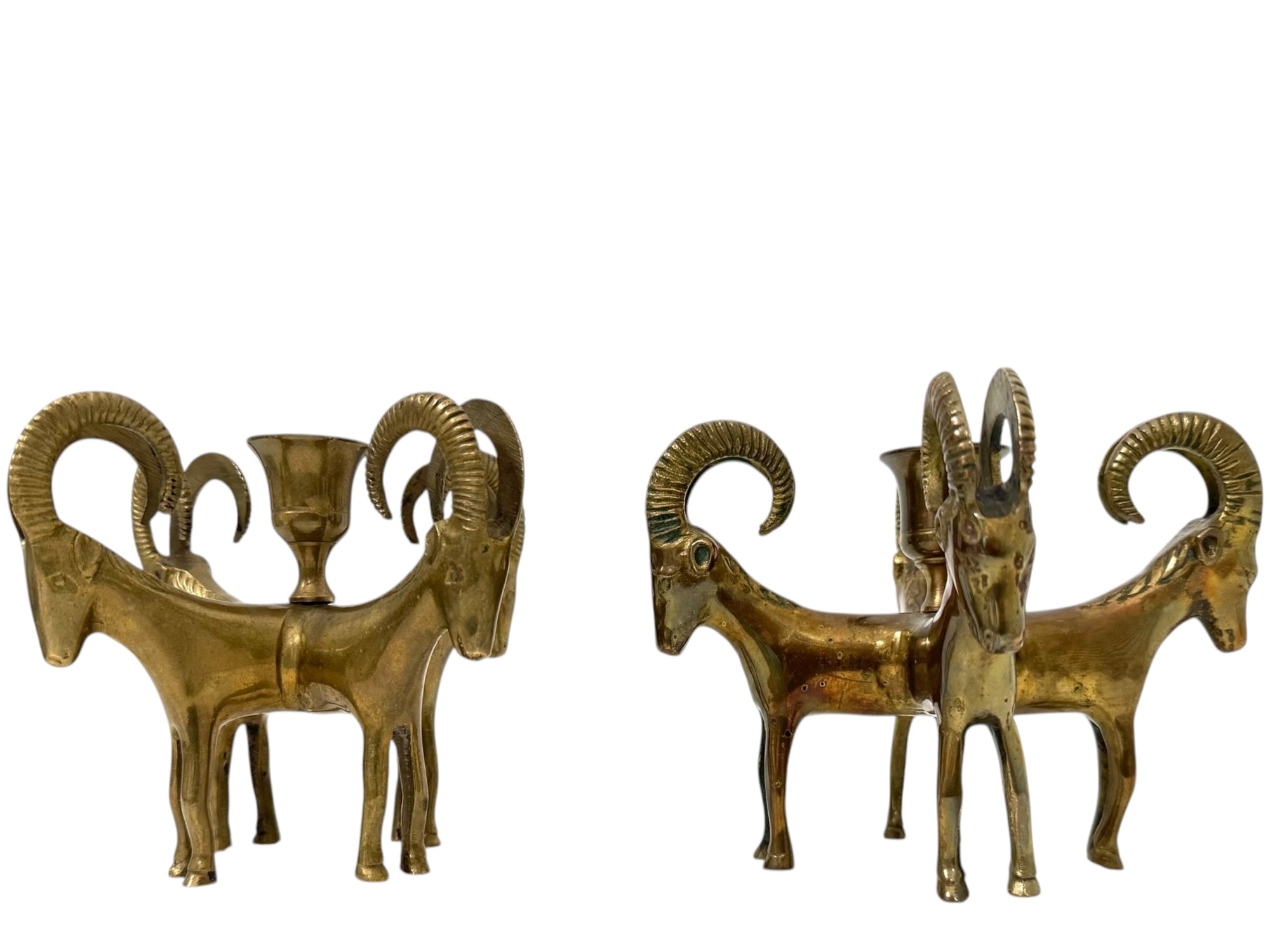 Exceptional Pair of Vintage Four-Headed Ram Brass Candleholders – MCM Sculptural Decor | Hollywood Regency Masterpieces